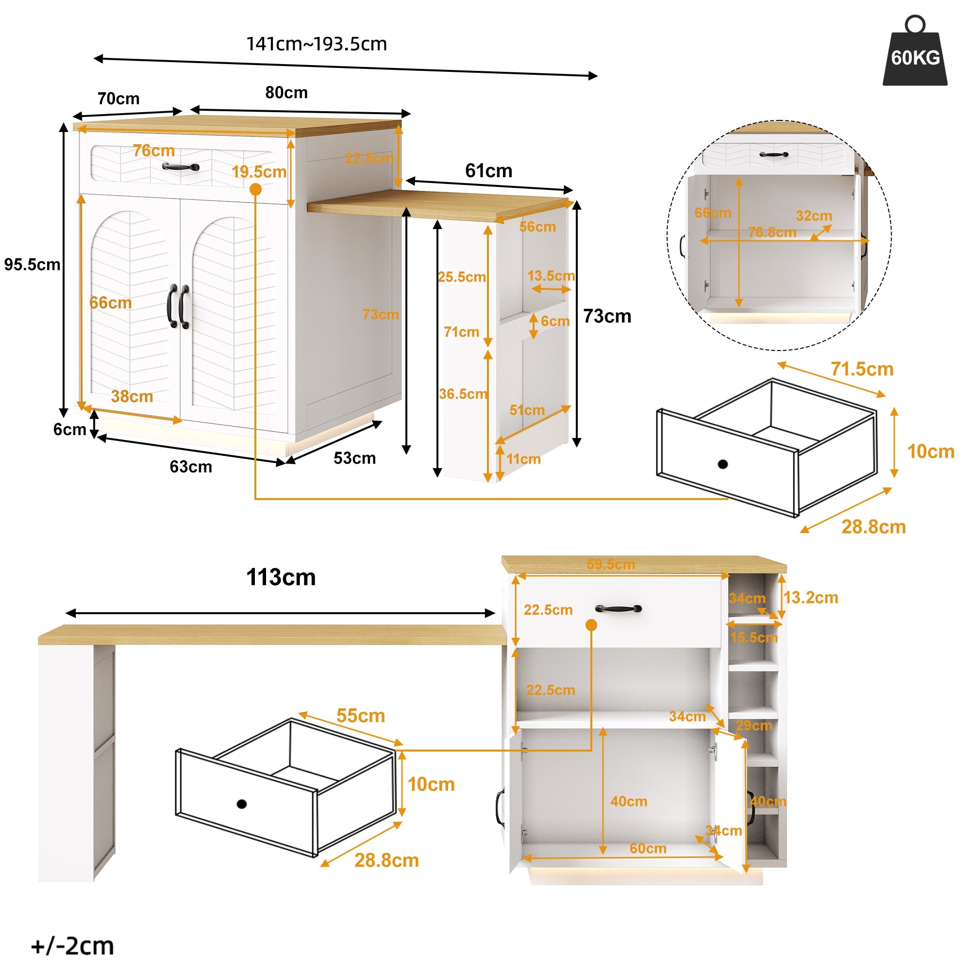 Kitchen Island with Pull-out Table and Storage, 2 Drawers and 4 Doors, Black/White