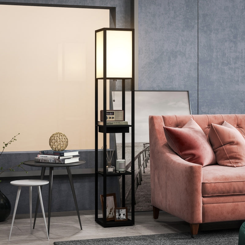 Floor Lamp, 3 Compartments, E27 Socket, Fabric Lampshade, USB-A, USB-C Ports, White+Black