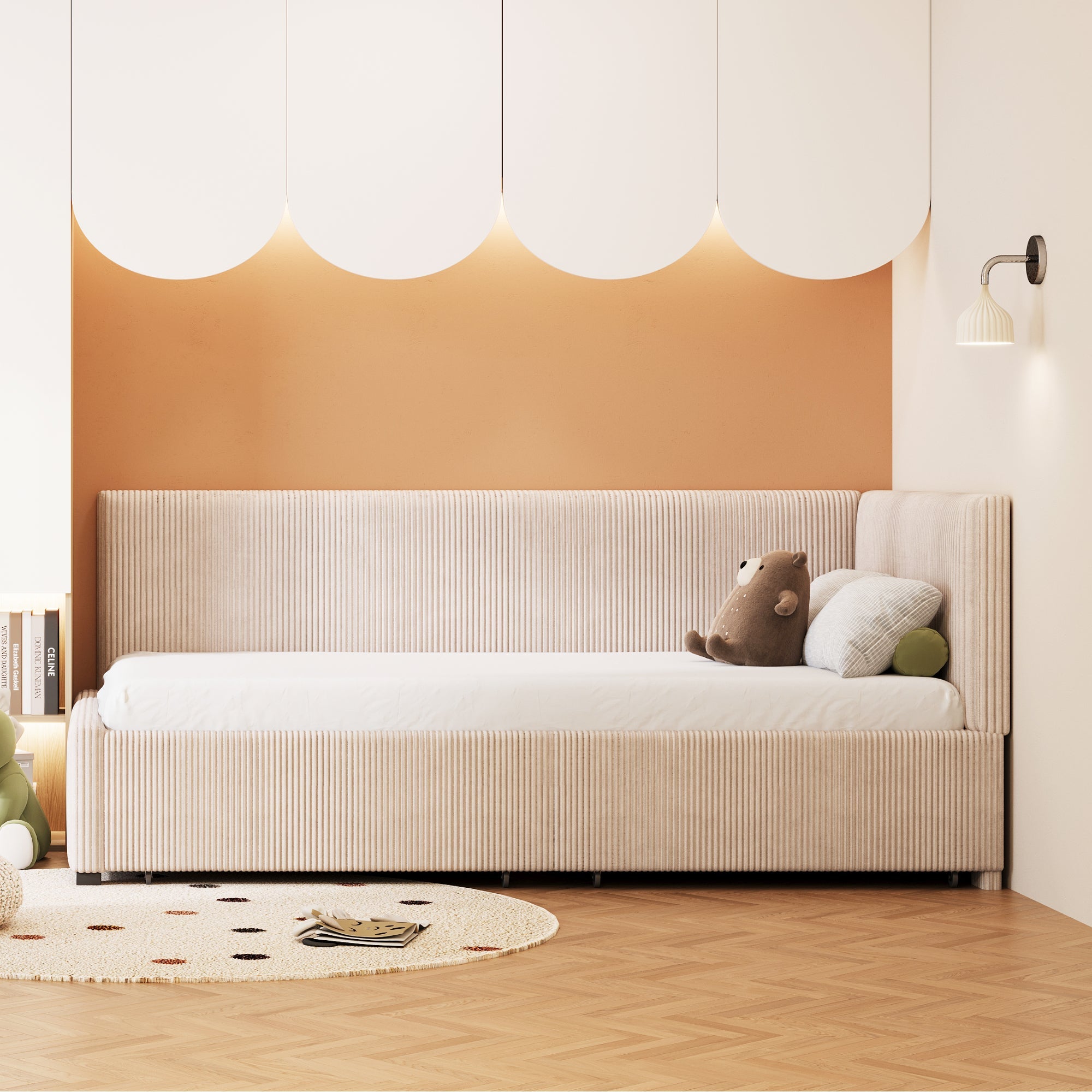 Upholstered Bed Sofa, 90x200 Multifunctional with Storage Drawers, Beige Velvet