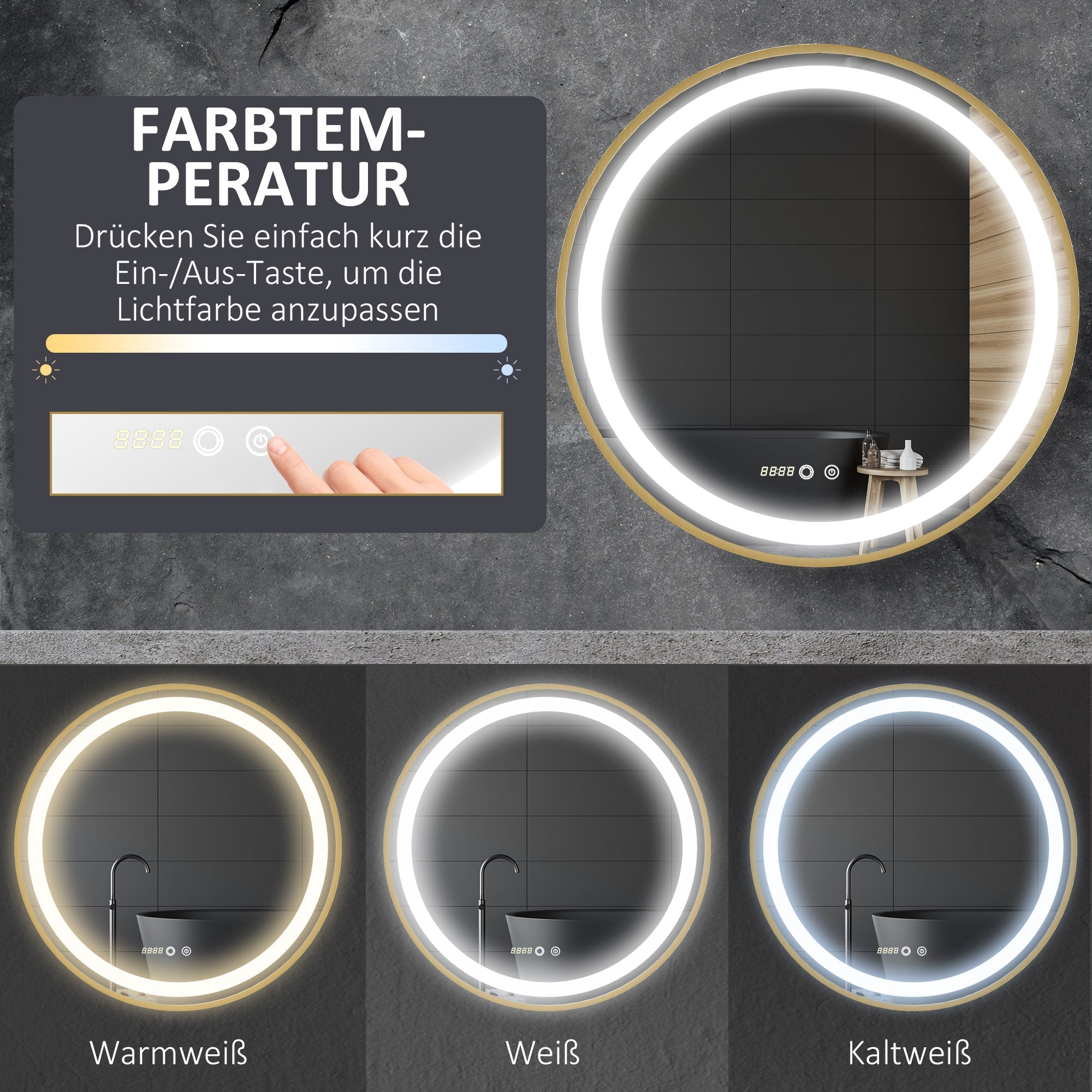 kleankin Dimmable Mirror with LED Light, 60x60cm, Aluminum Alloy