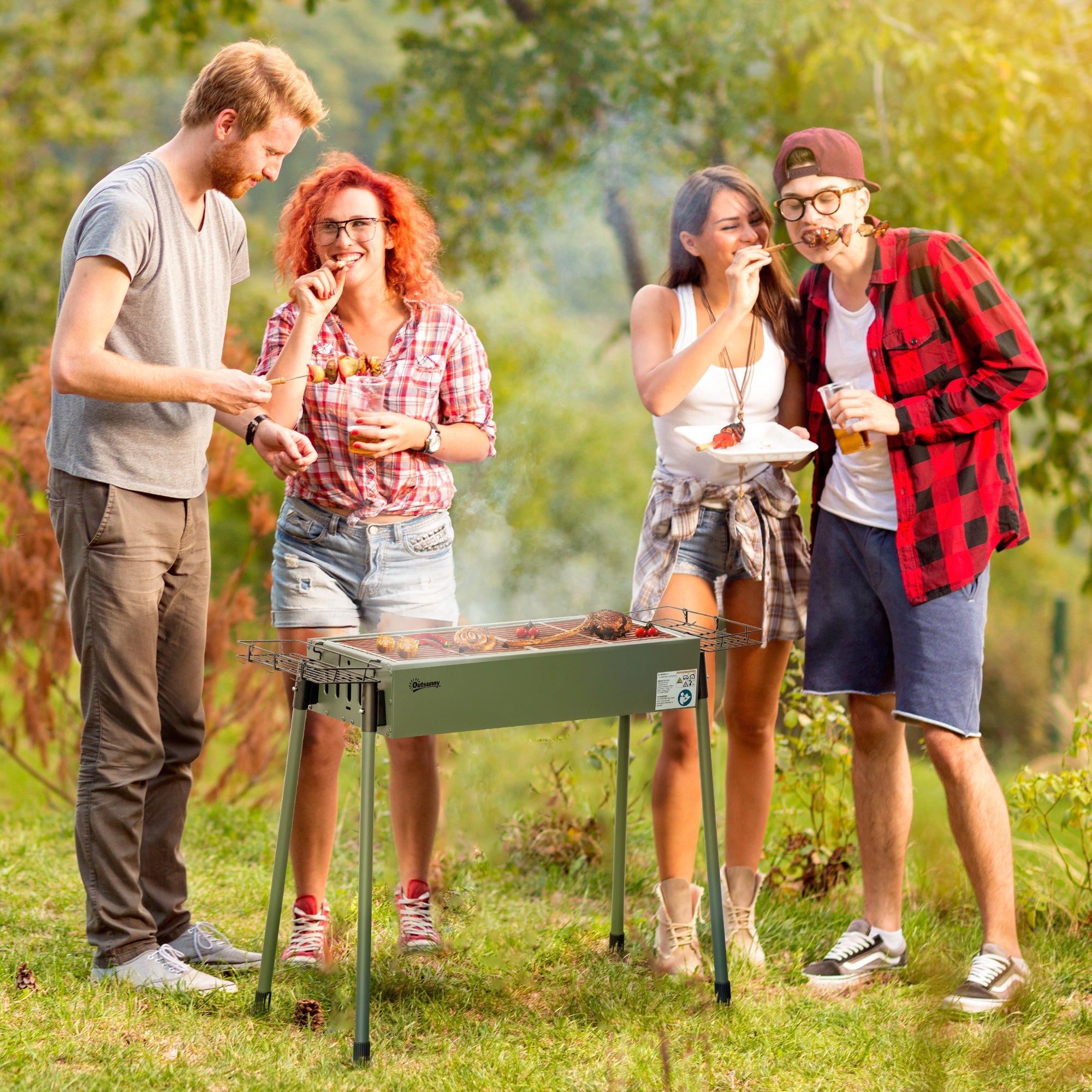 Portable Charcoal BBQ Grill with Seasoning Baskets and Hooks, Stainless Steel