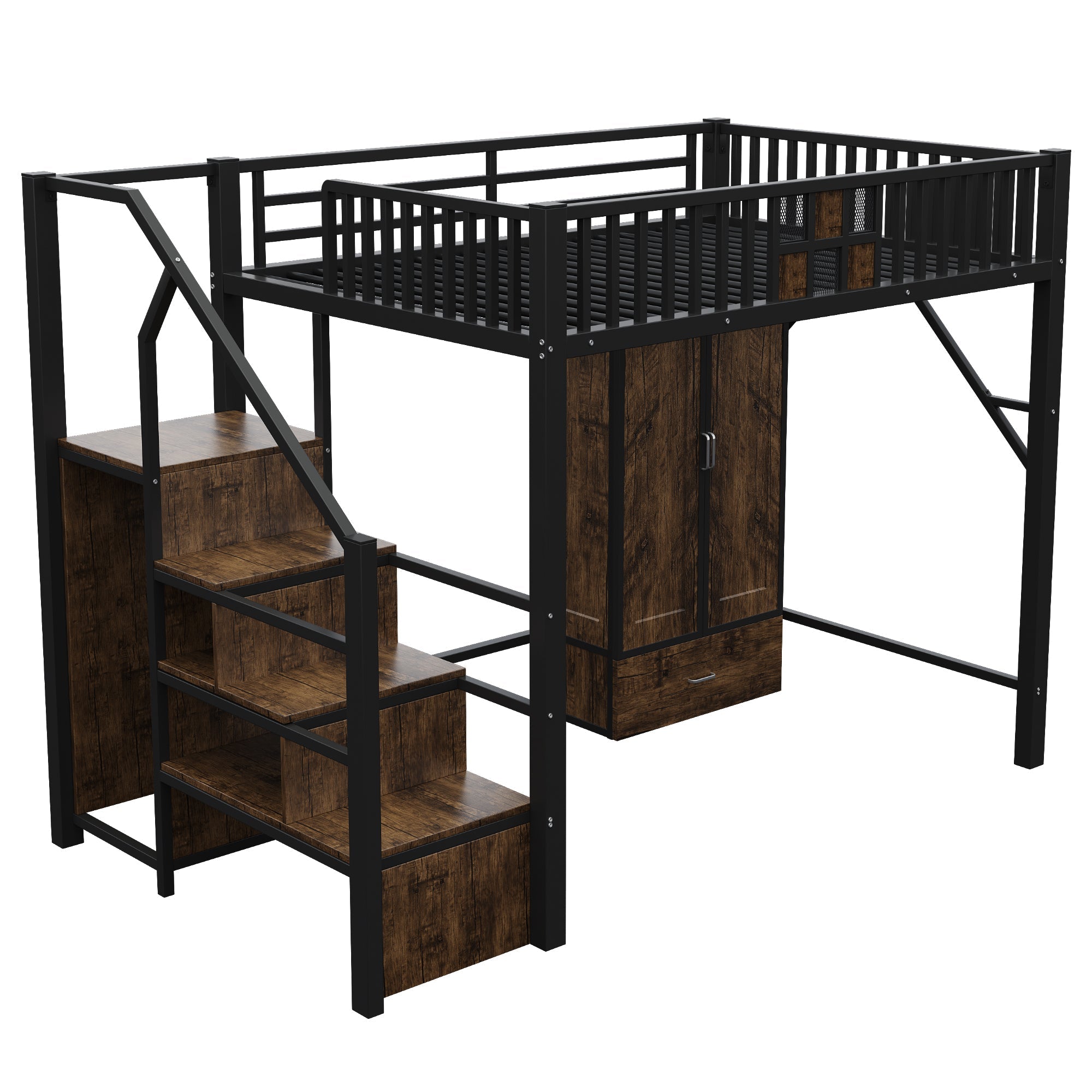 High Loft Bed with Wardrobe, Storage Ladder and Metal Frame, Black Metal and Wood