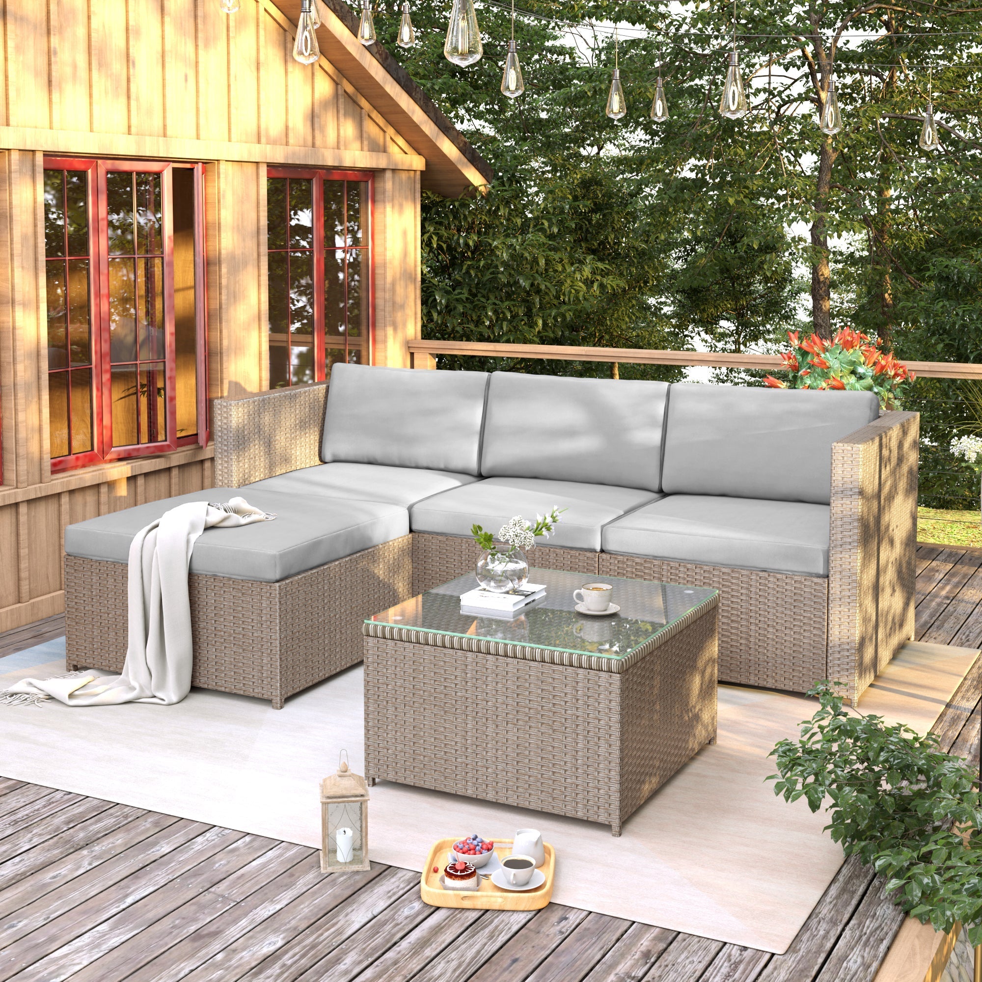 Garden Corner Sofa Rattan Patio Furniture Lounge Set, Khaki