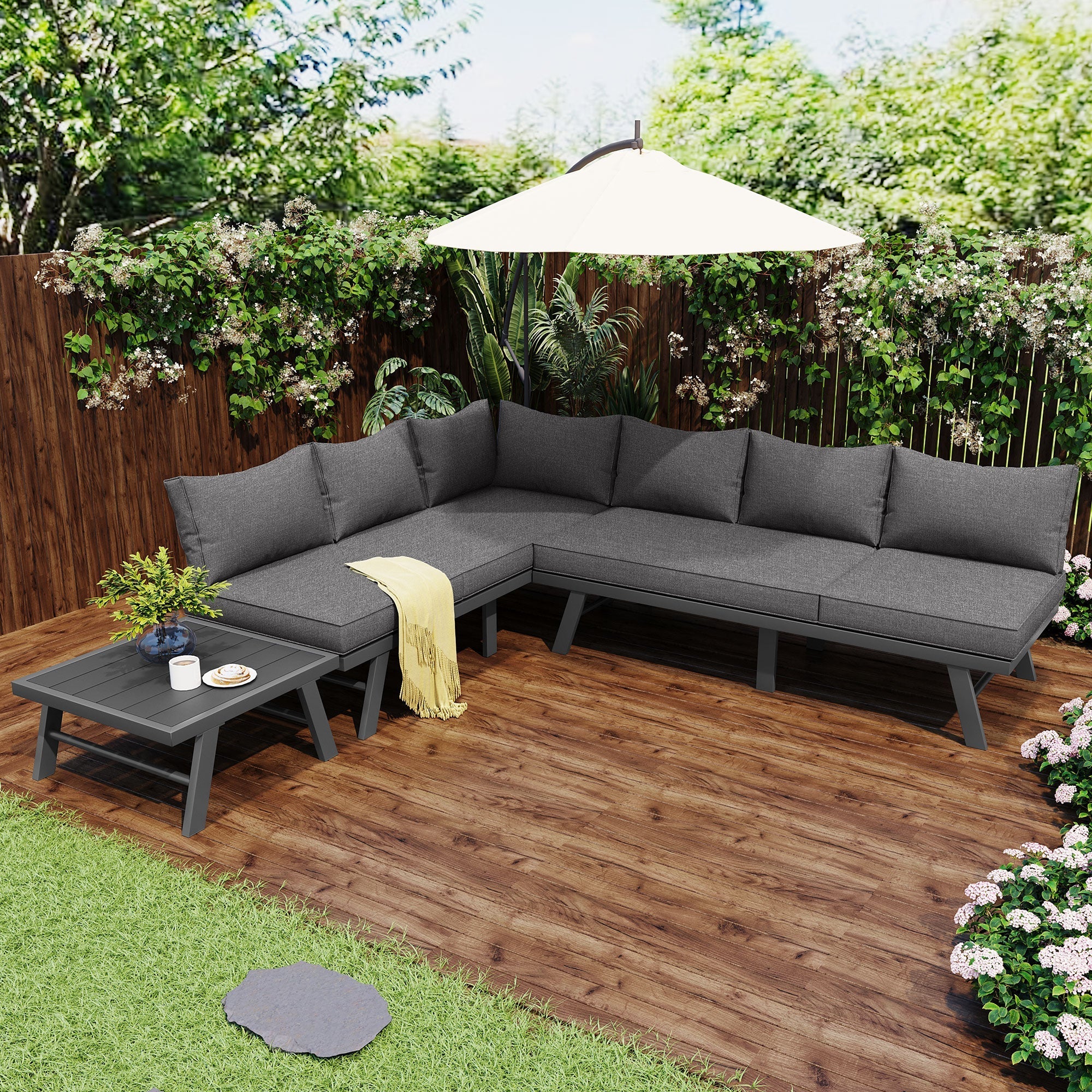 Garden furniture set lounge chair set 5-6 people 2 3-seater sofas 1 table with 7 gray cushions dark gray galvanized iron