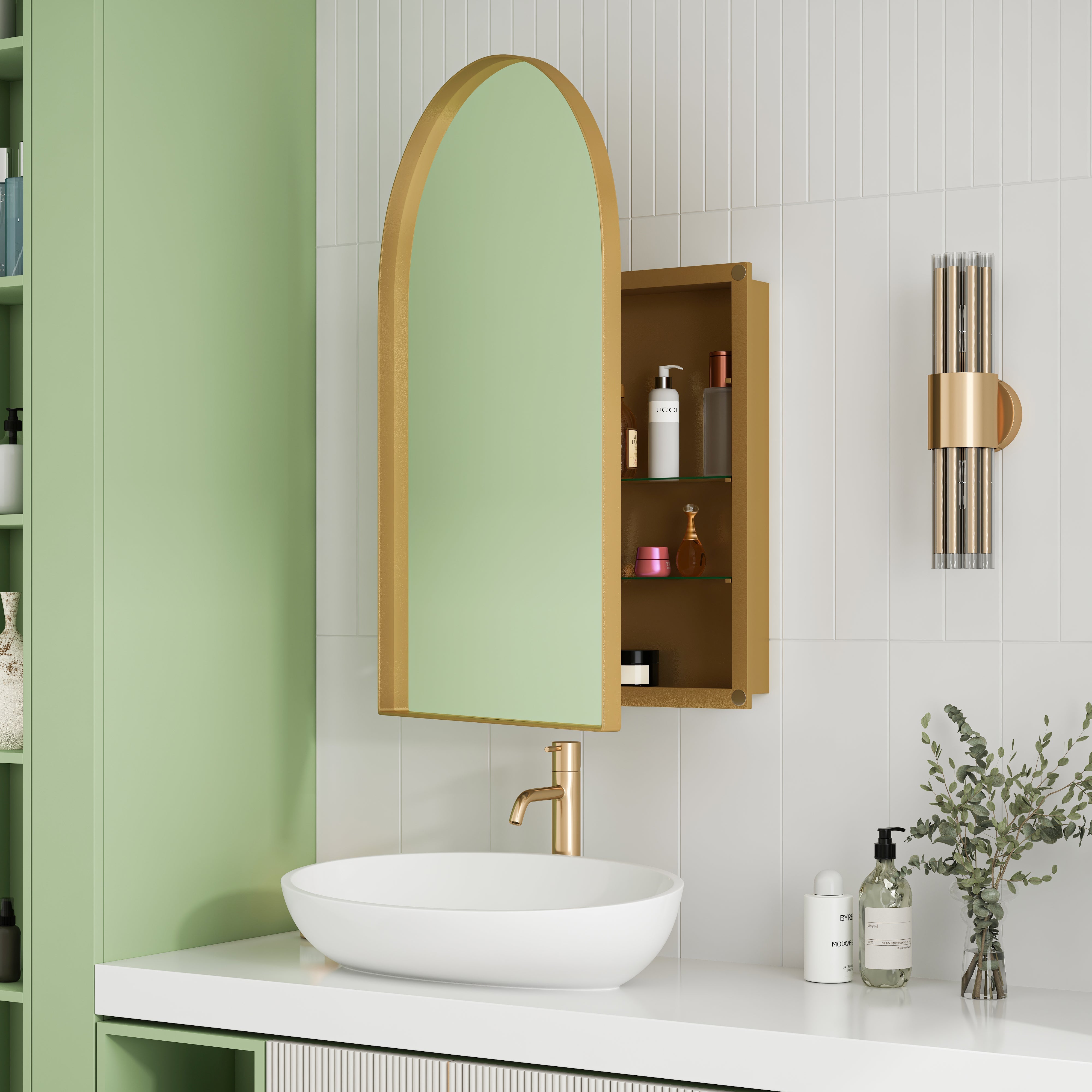 Stylish Arched Mirror Cabinet, Recessed Wall Storage Metal Framed, Gold