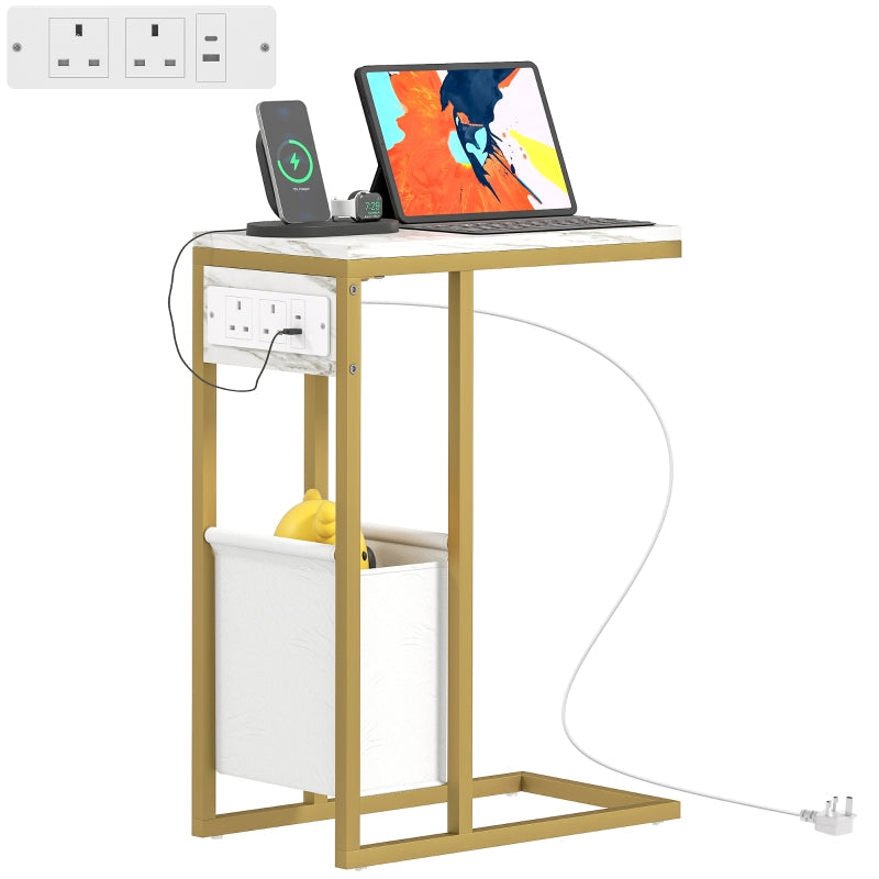 C Shaped Side Table Charging Station, Faux Marble Top - White