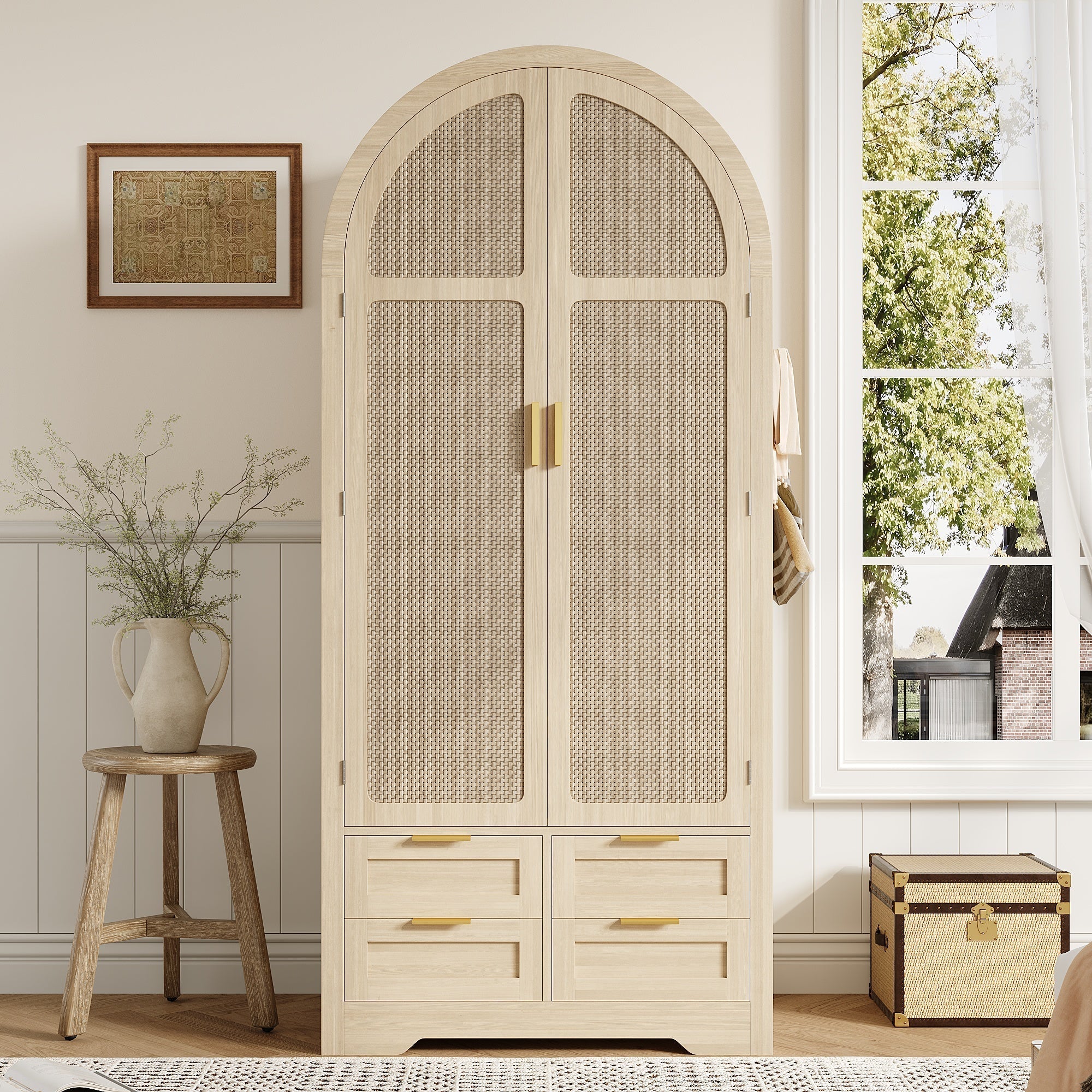 Modern Wardrobe with Curved Doors, Clothes Rail and Drawers, Oak MDF