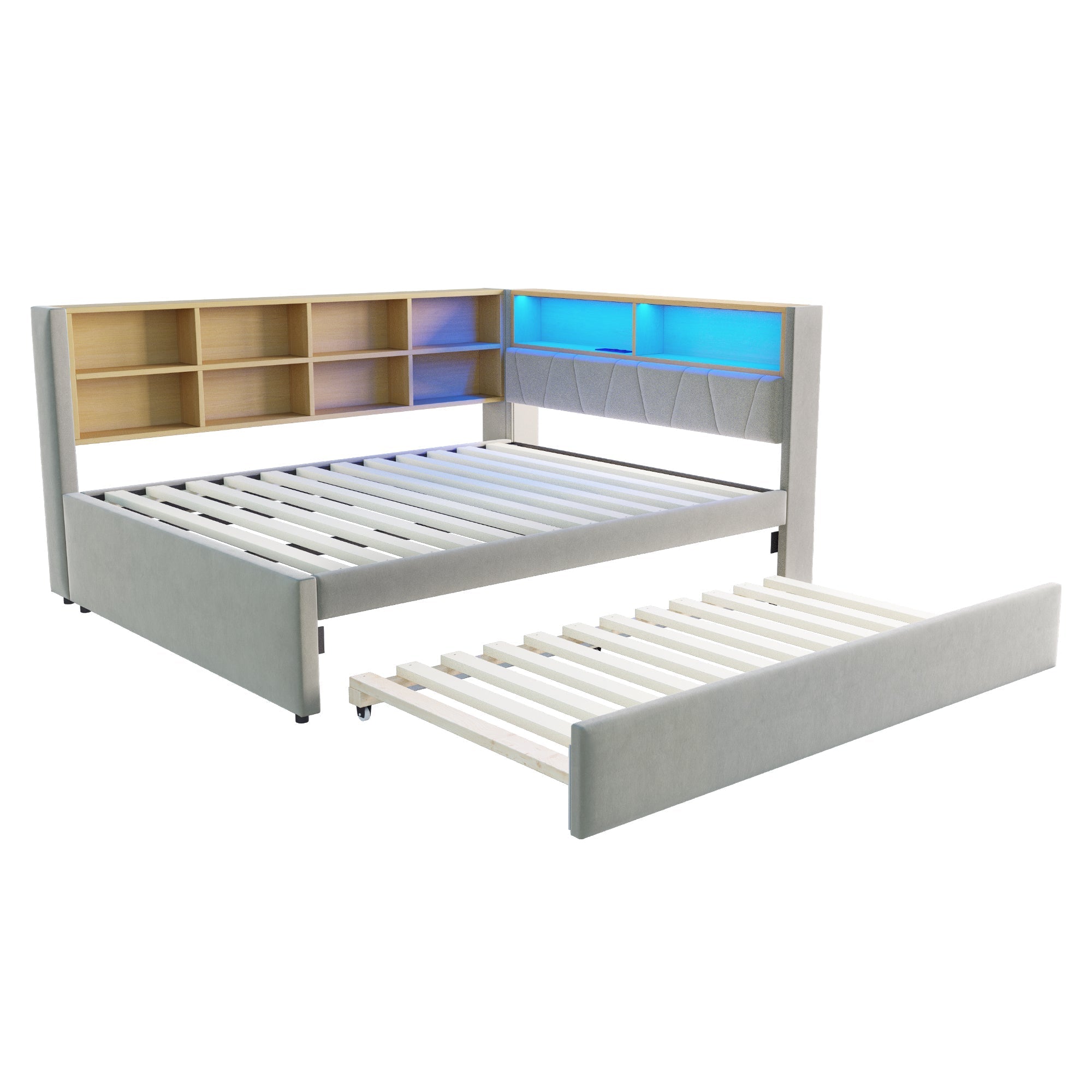 Solid Wood Sofa Bed with Pull-Out Bed, USB Ports & Storage, Grey