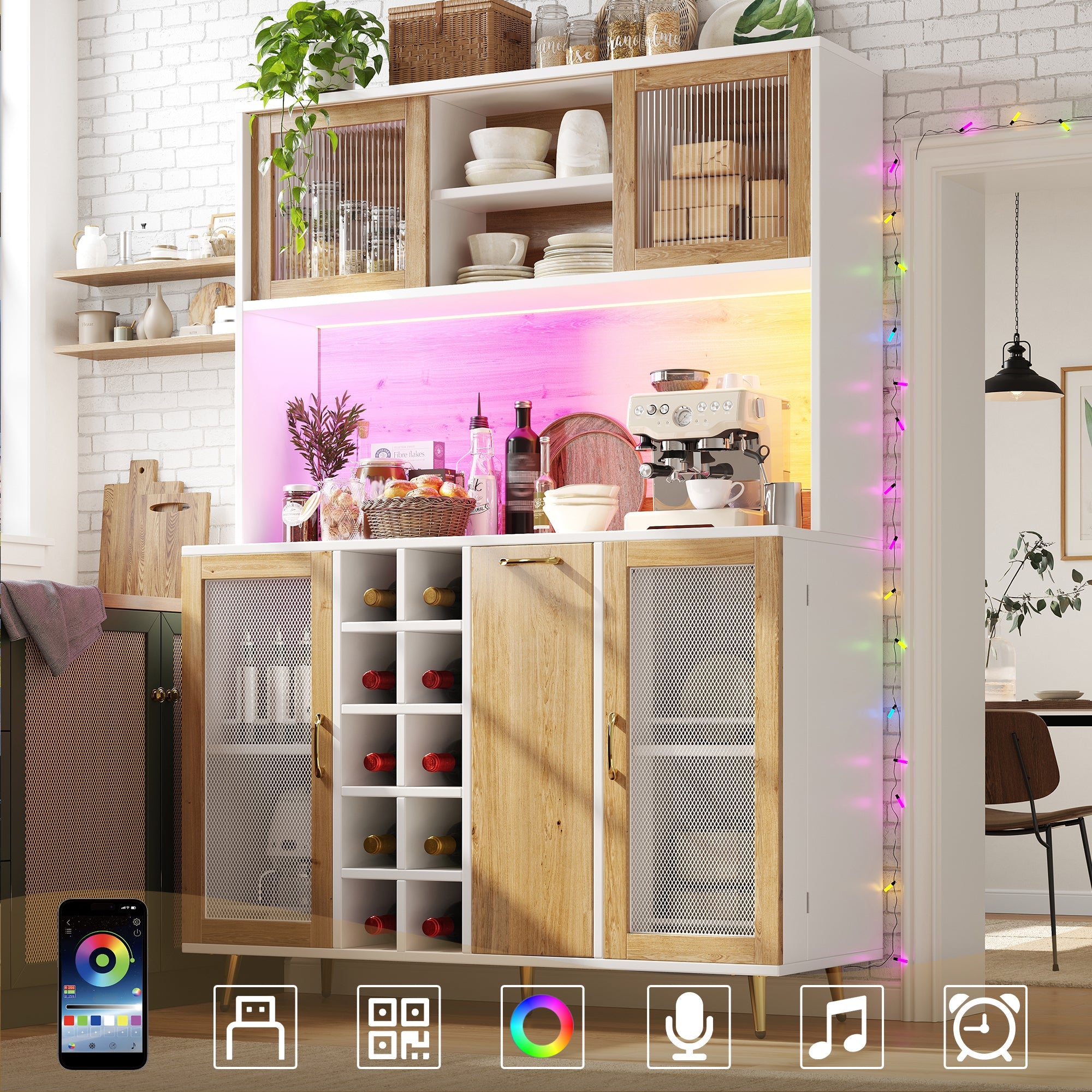 Buffet Sideboard Cabinet with LED Lighting, Wine Rack and Integrated Socket, White and Wood Look