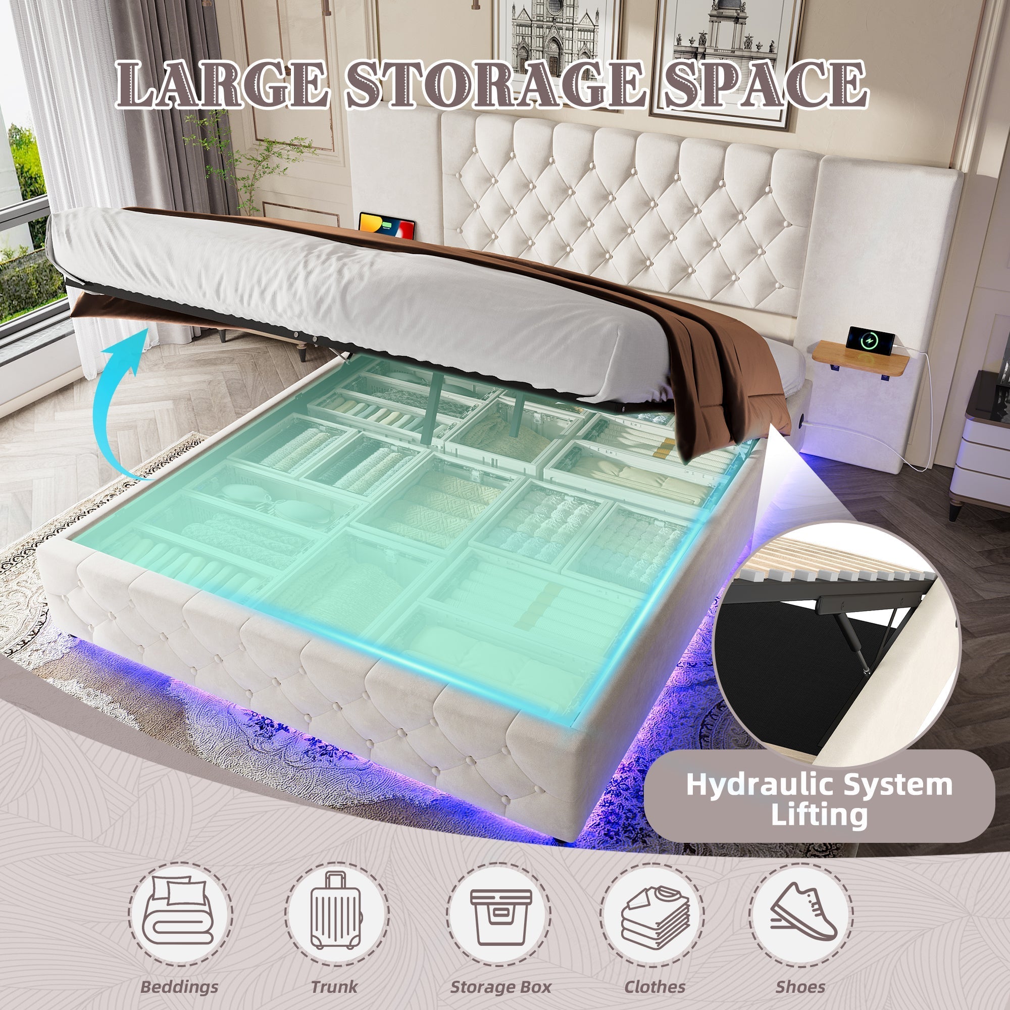 Modern 150*200cm Bed Frame with LED, USB-C Ports, Hydraulic Lift Storage, Beige