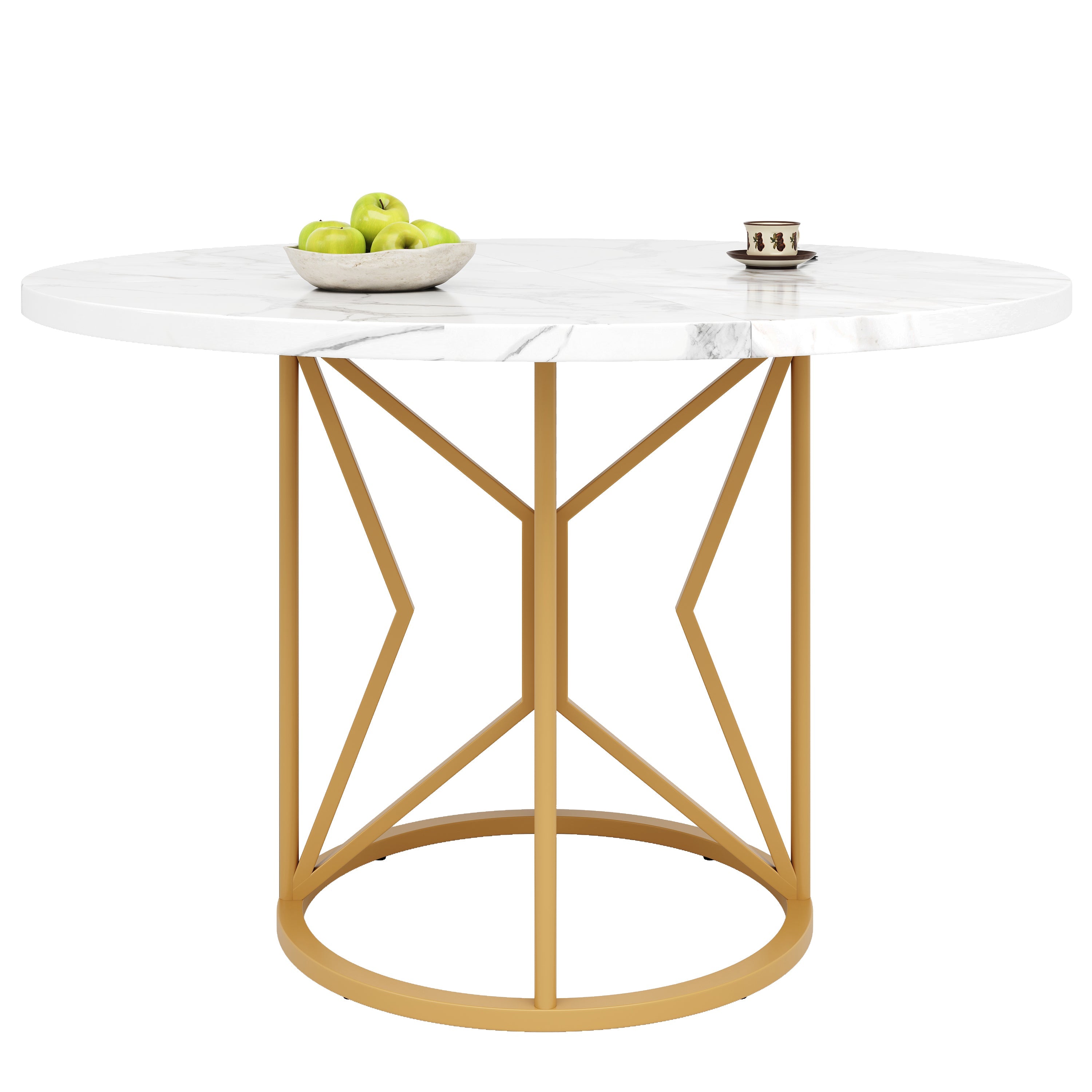 Round Dining Table 100cm Marbled MDF Geometric Metal Legs - Gold Accents