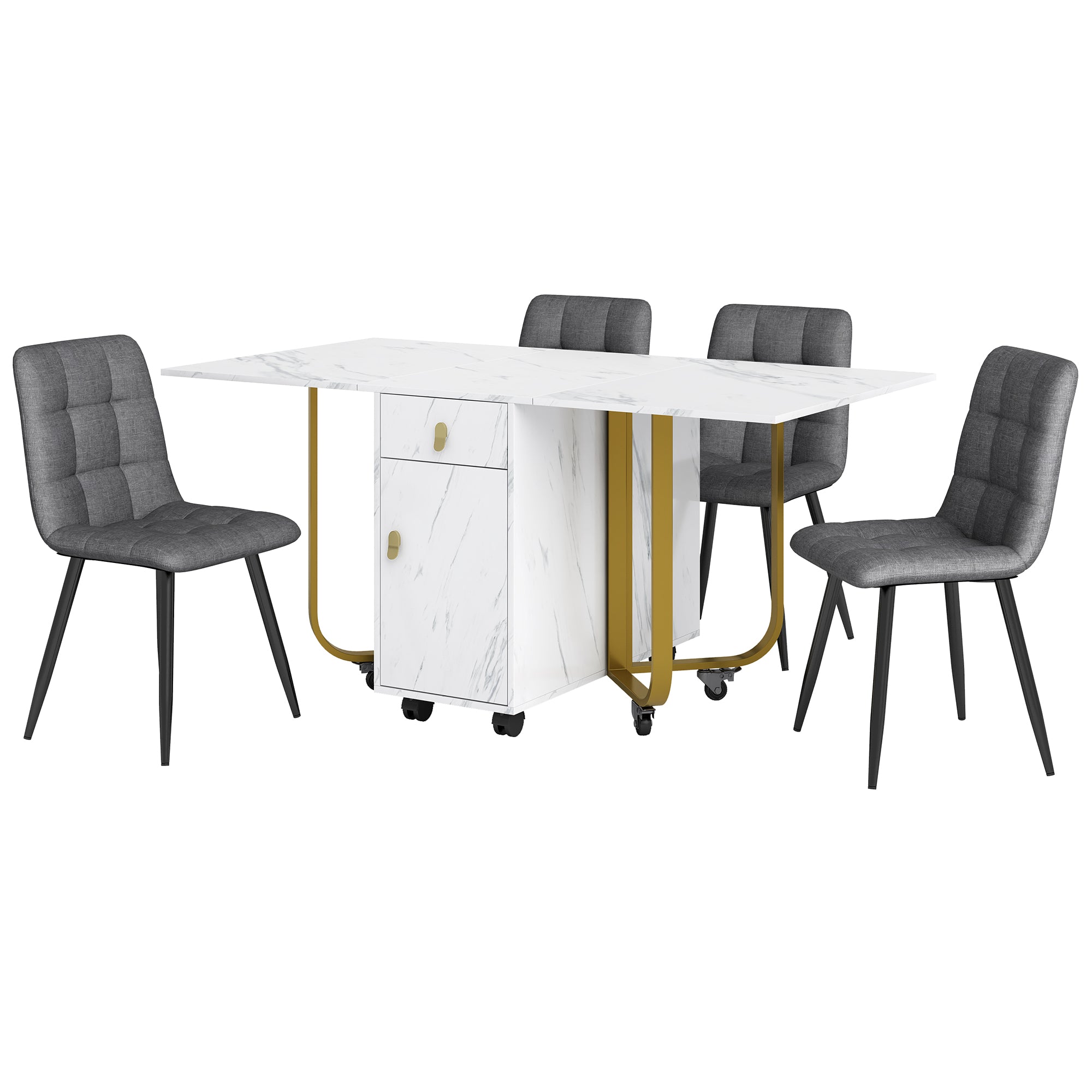 Dining Set, Folding Kitchen Table with 4 Linen Chairs, White MDF & Black Legs