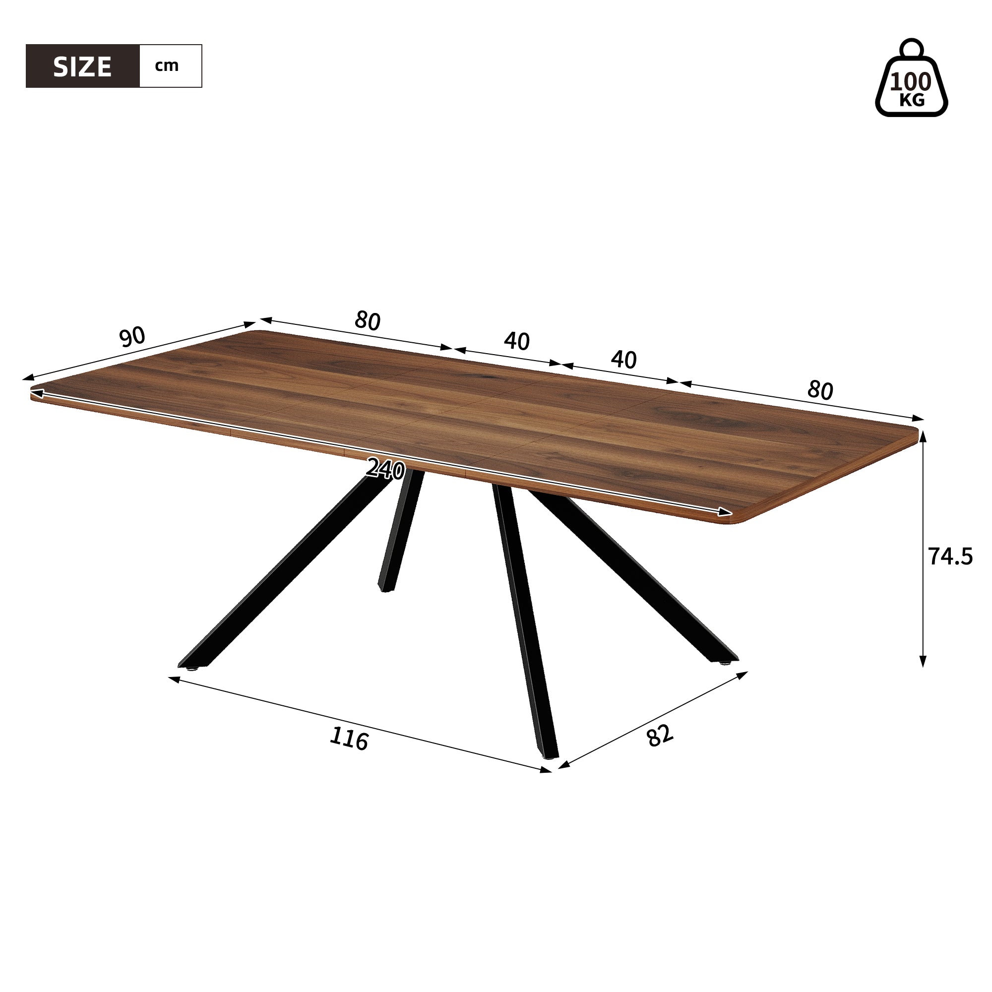 Extendable Dining Table 160-240cm 6-10 Seater Metal Legs - Walnut Color