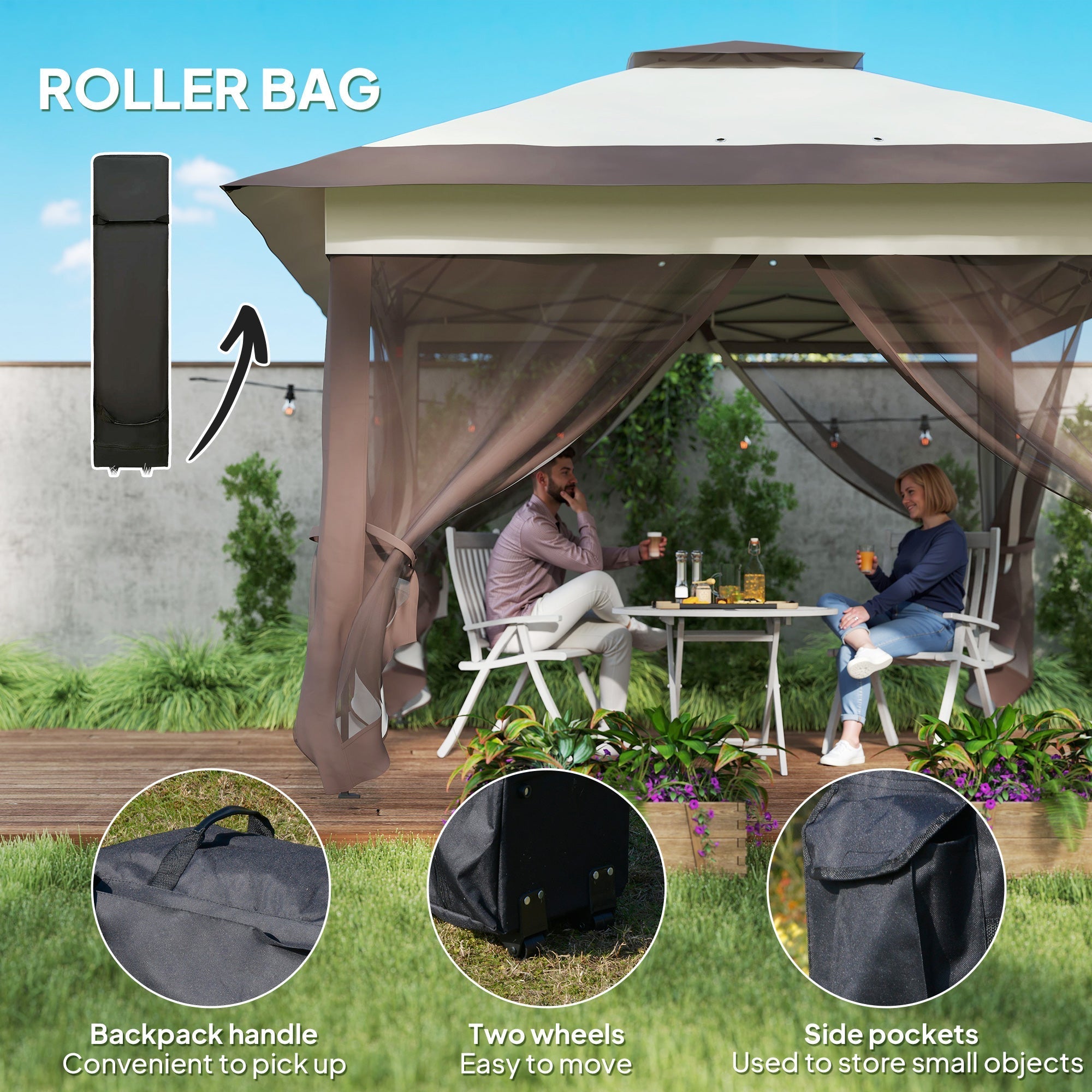 Pop up Gazebo 3.6 x 3.6m Height Adjustable with Netting, Khaki