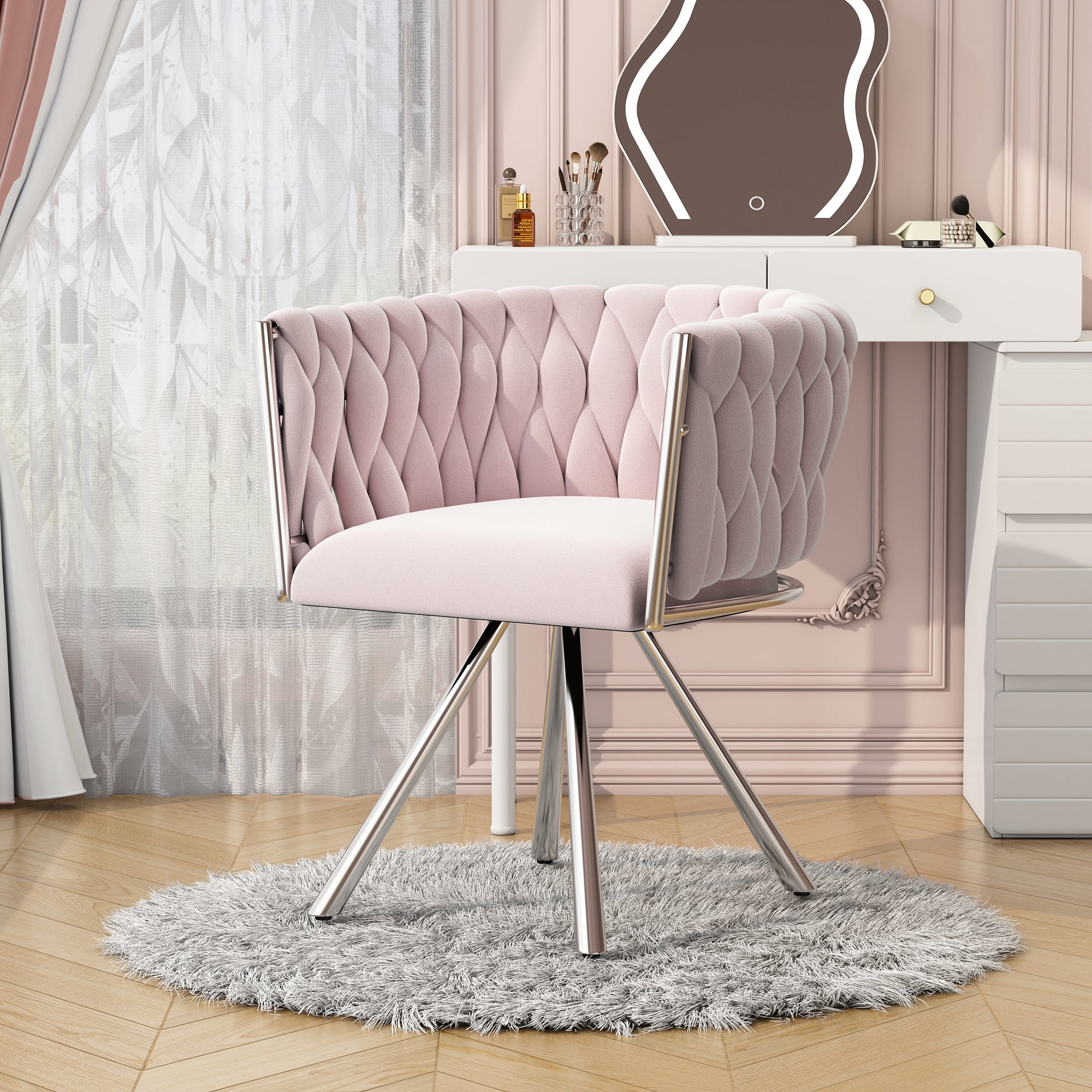 Velvet Dining Chair, Single Light Luxury Living Room Bedroom Swivel Chair with Four Metal Support Legs, Pink