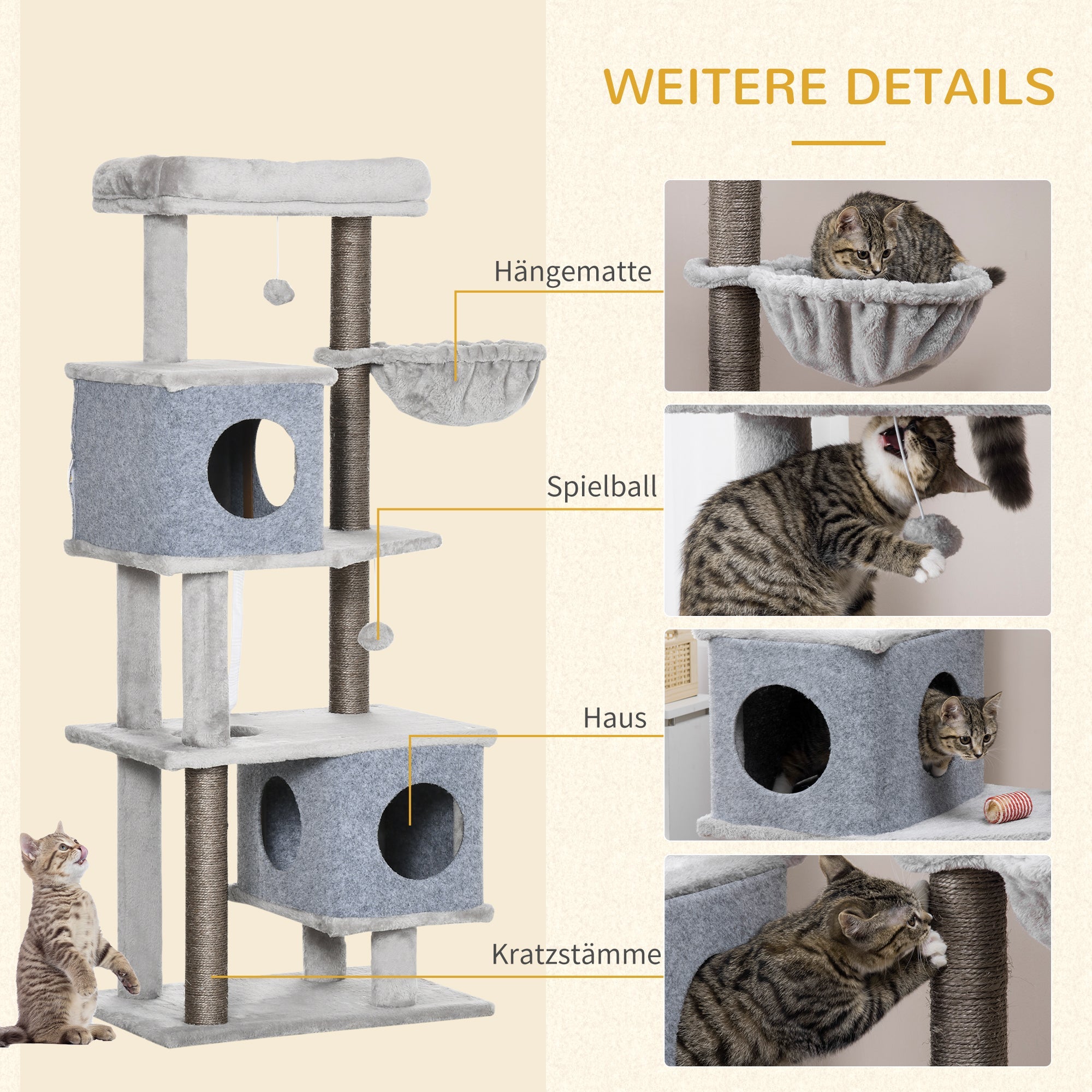 Cat Tree 142cm Sisal Post Caves Platforms, Grey