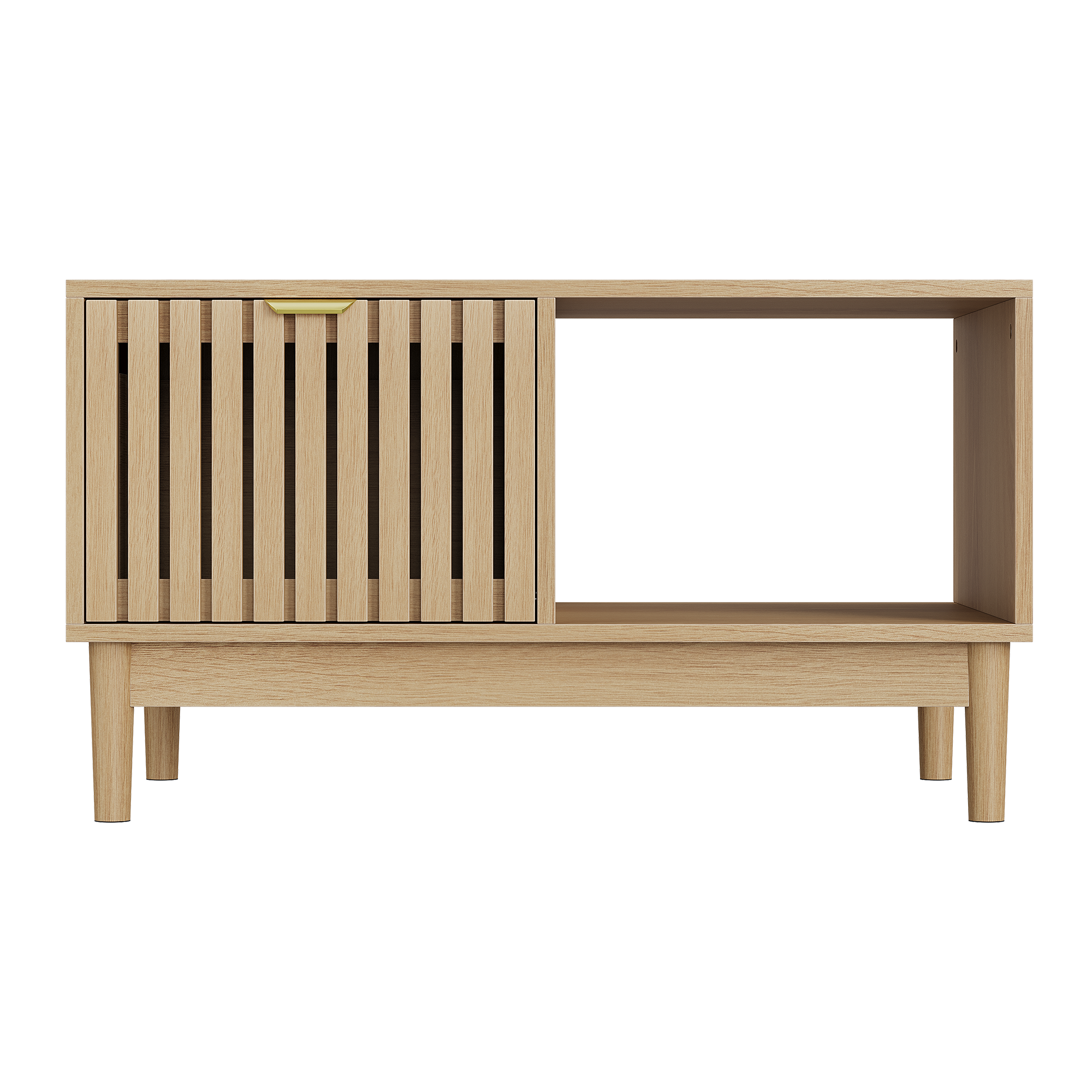 Mid-Century Modern Coffee Table with Drawer and Open Shelves, 80cm, Oak Color