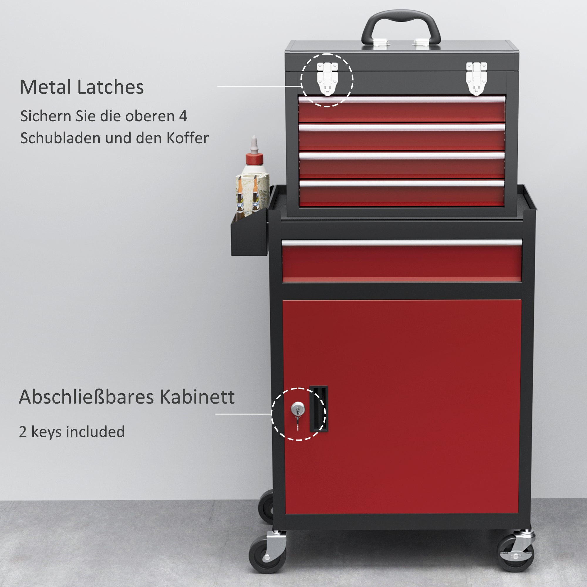 Workshop trolley, 5 drawers, lockable mobile, 130 kg load, steel black and red