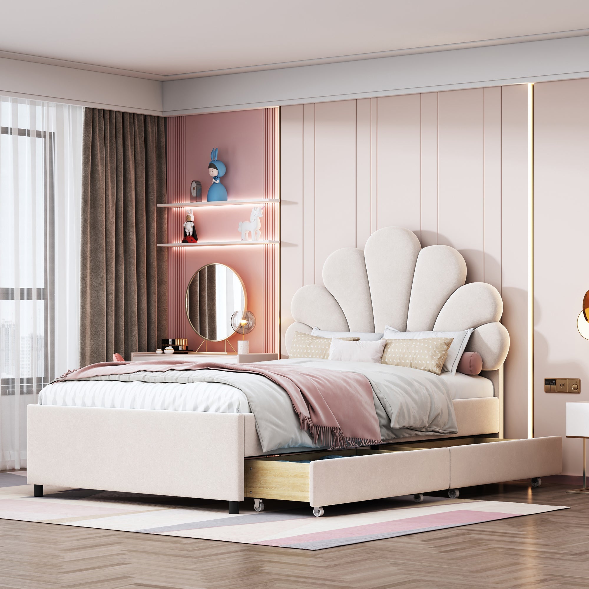 Upholstered Children's Bed 90x200cm Floral Headboard Storage Velvet Beige