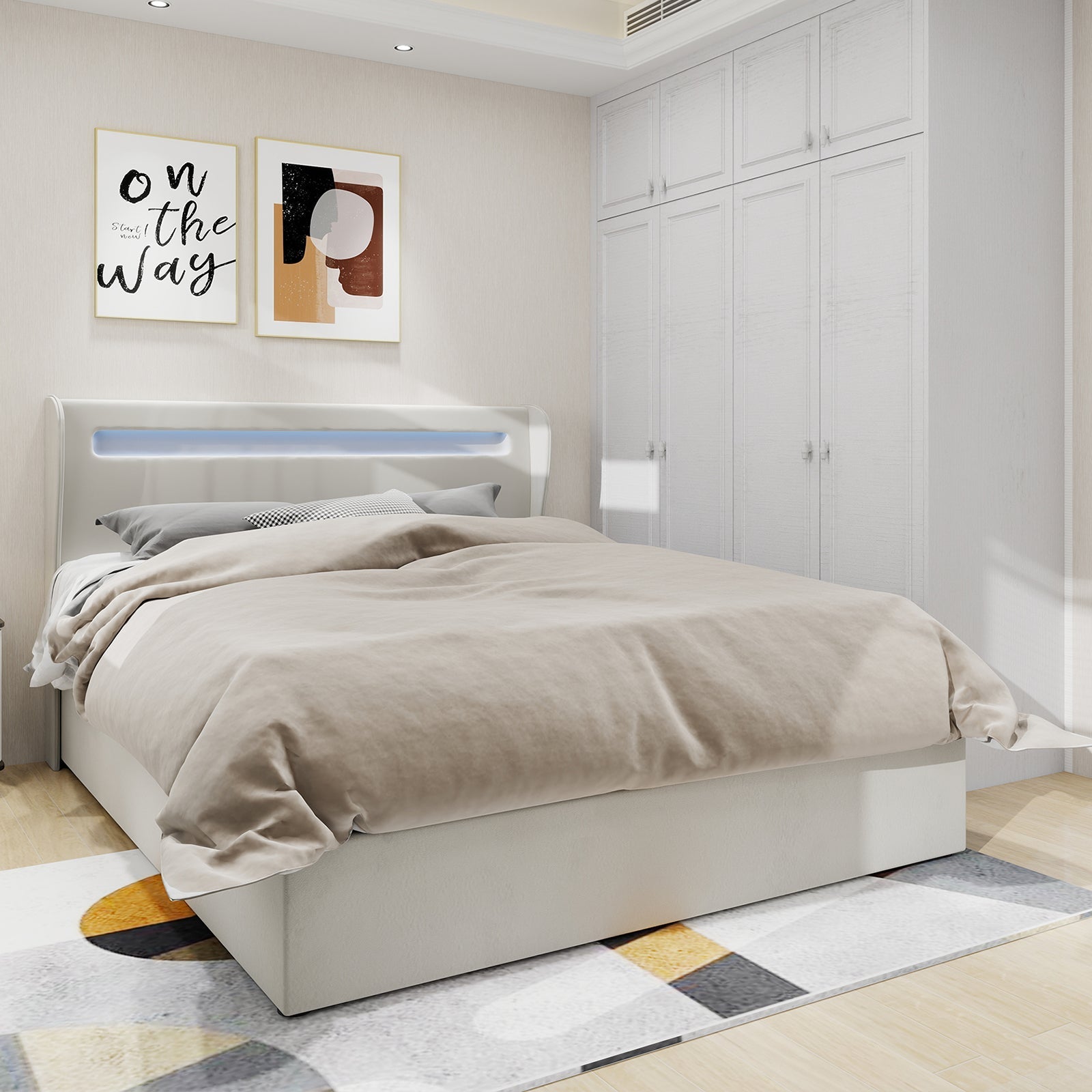 Modern Minimalist Upholstered Bed with LED Headboard, 140x200 cm, Beige