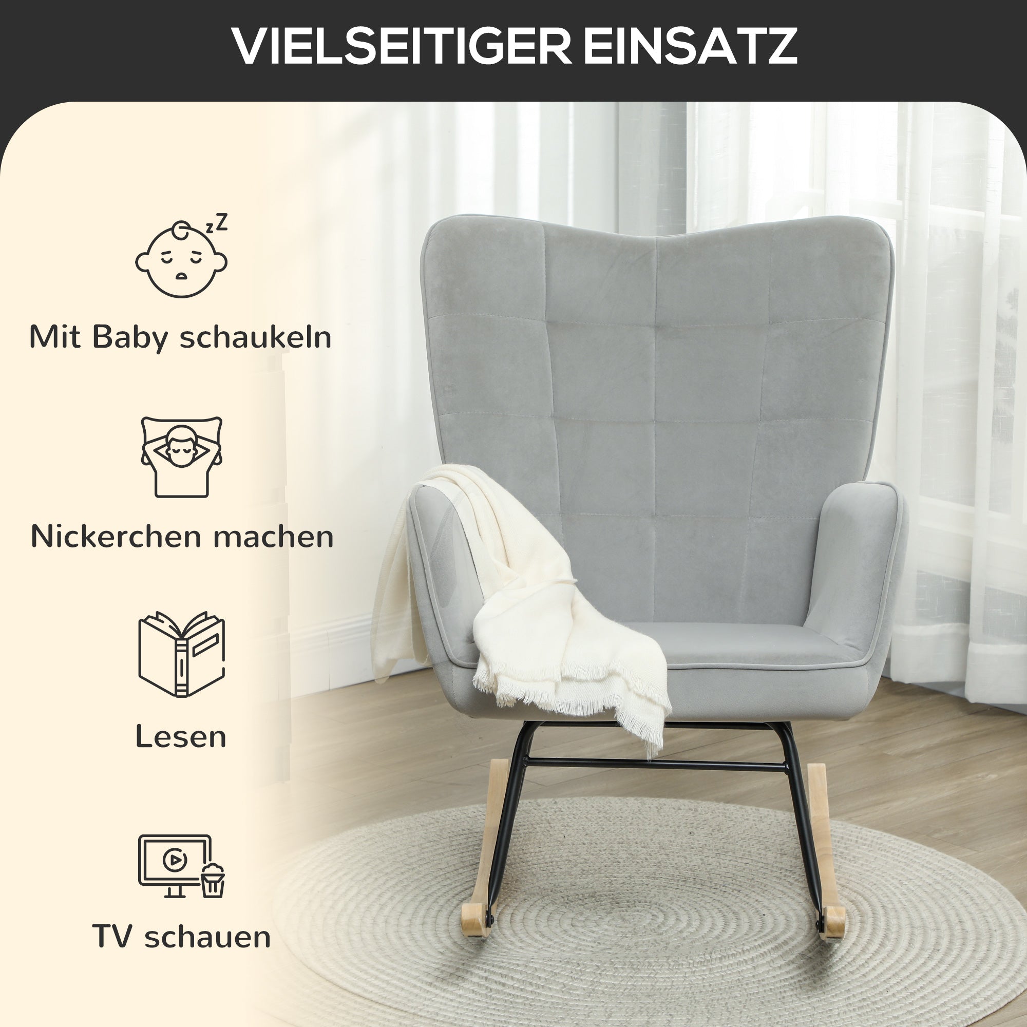Rocking Chair, Armrests Wooden Base, Light Gray