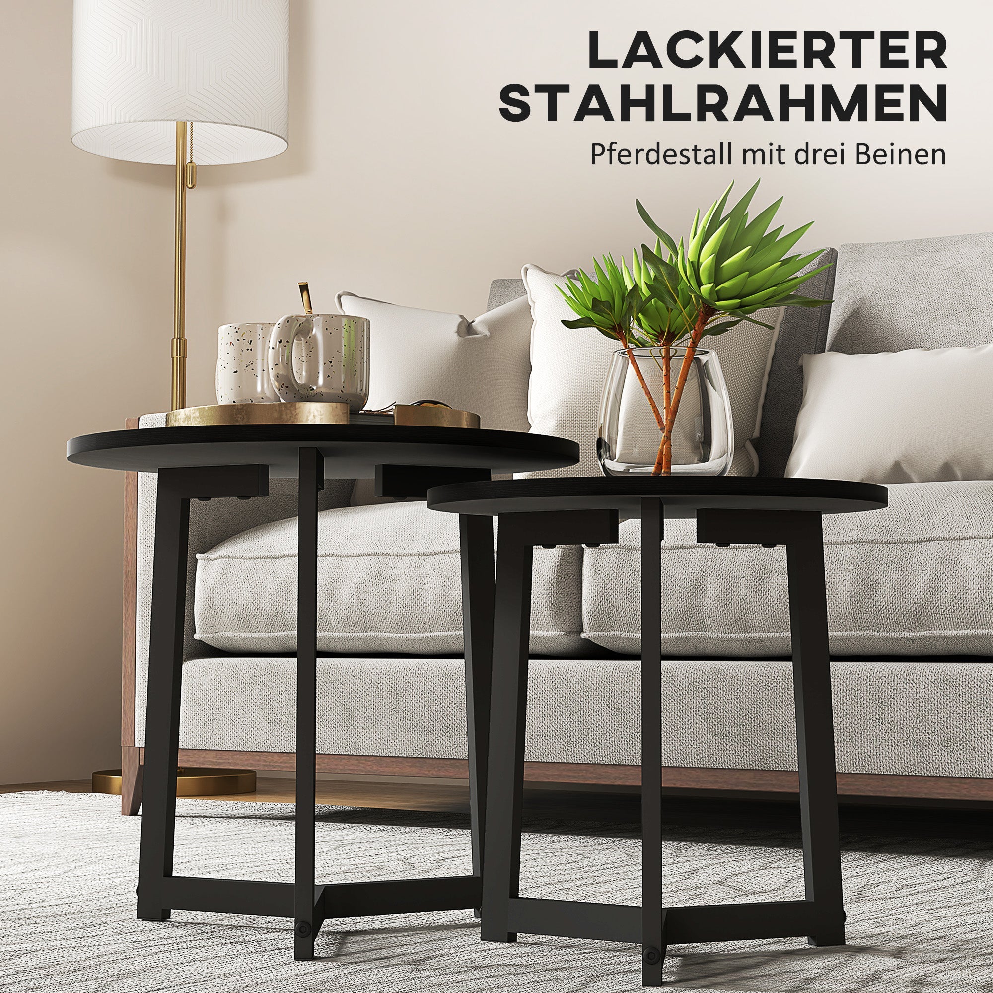 2-Piece Coffee Table Set Round Side Steel Frame, Black