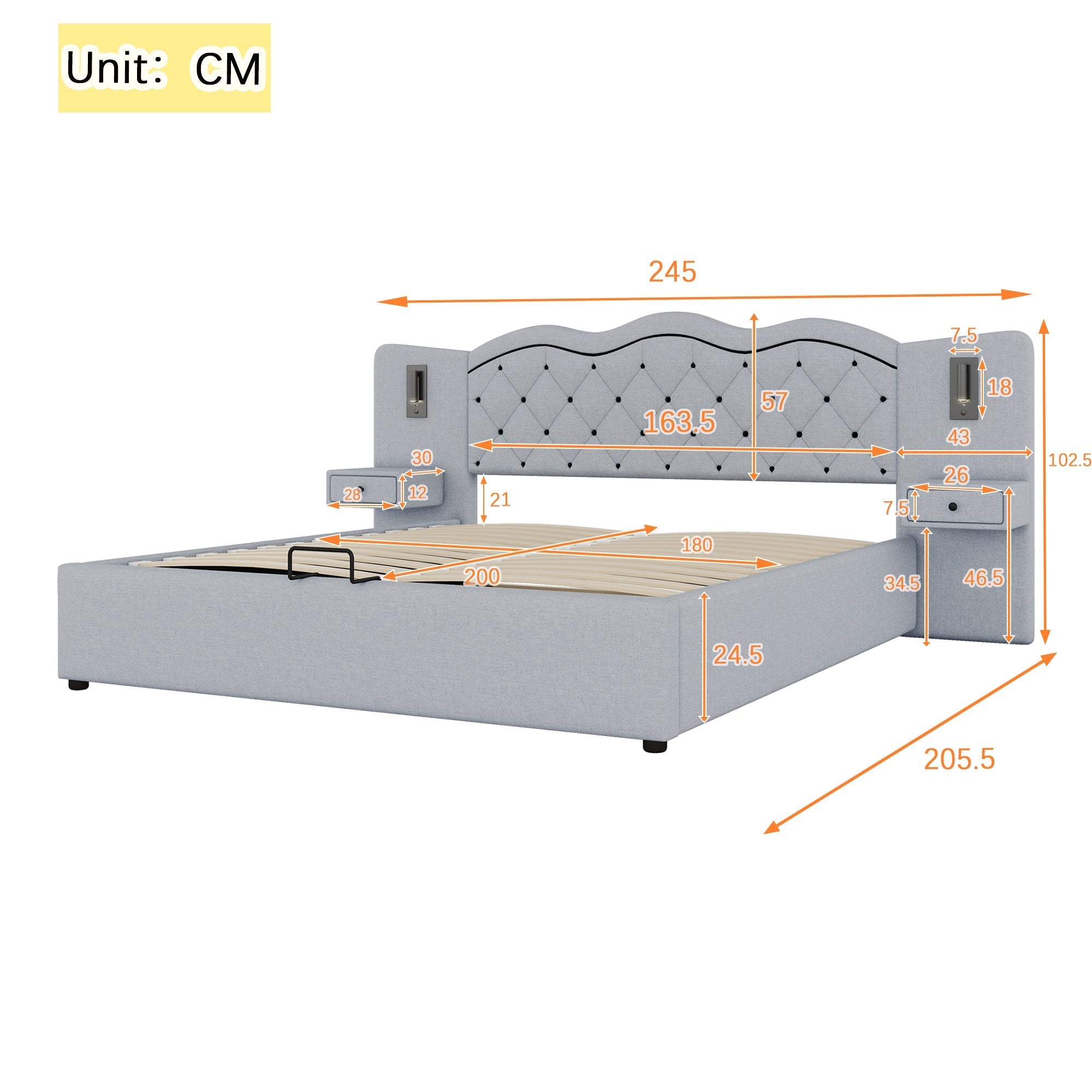 Upholstered Flat Bed with Hydraulic Lifting Mechanism, USB Ports and Storage, Grey