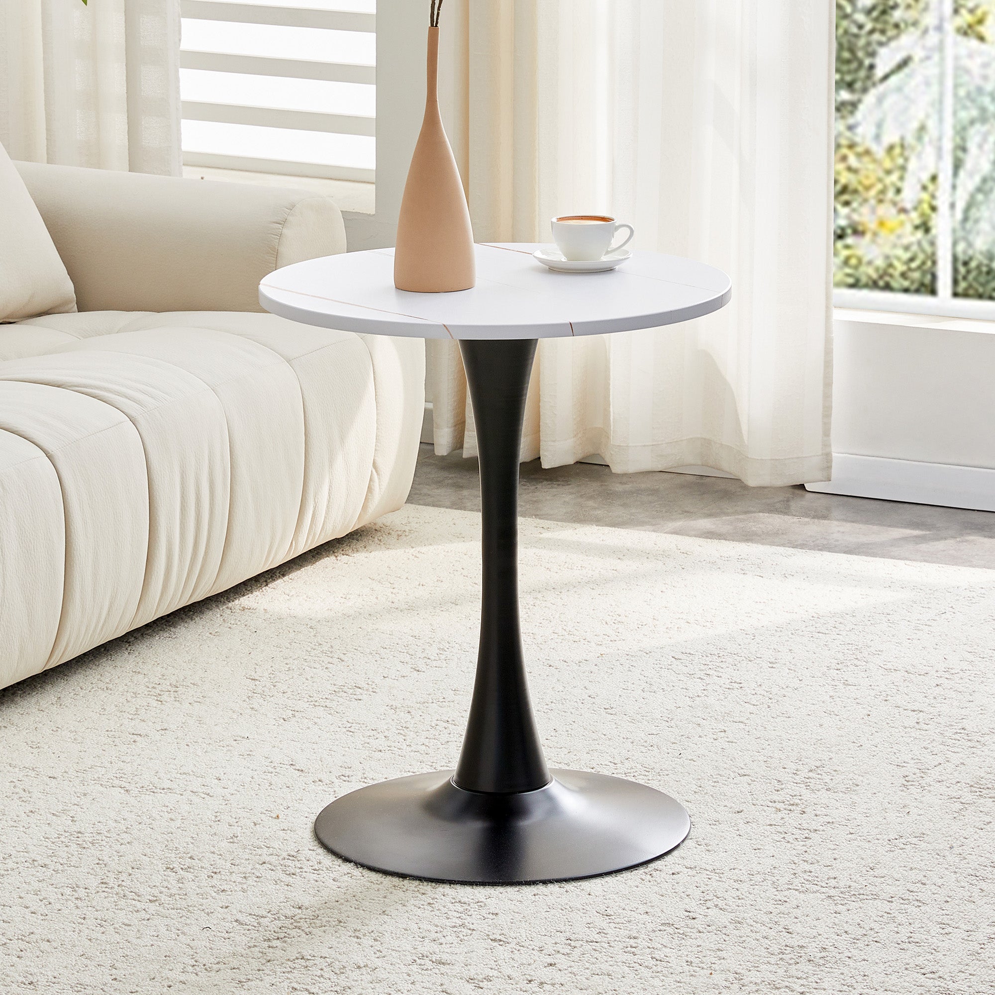 Round 60cm Side Table Small Dining Table MDF Thermoforming Black Leg White Grain Look
