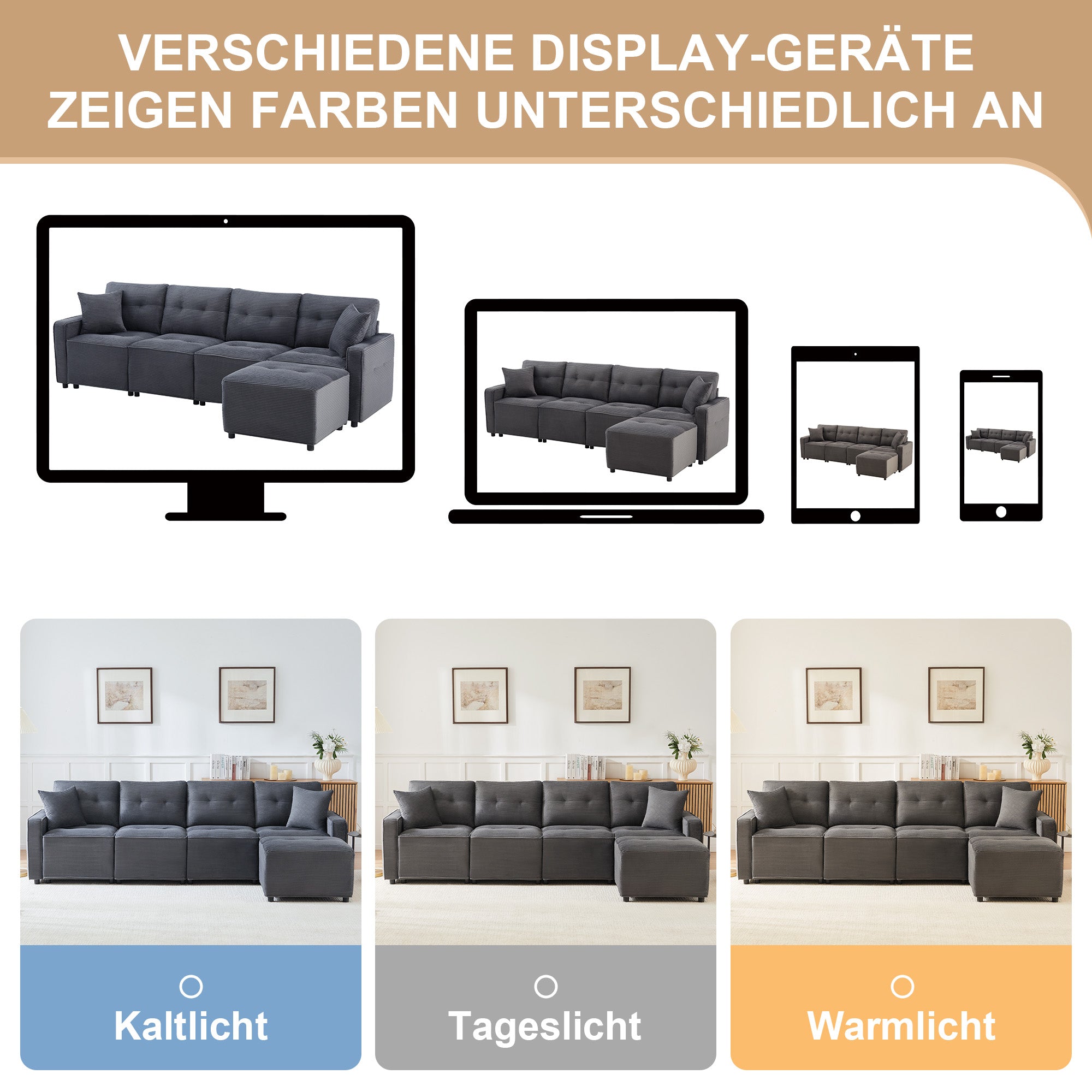 4-Seater Sofa with Storage and Ottoman, Grey Corduroy