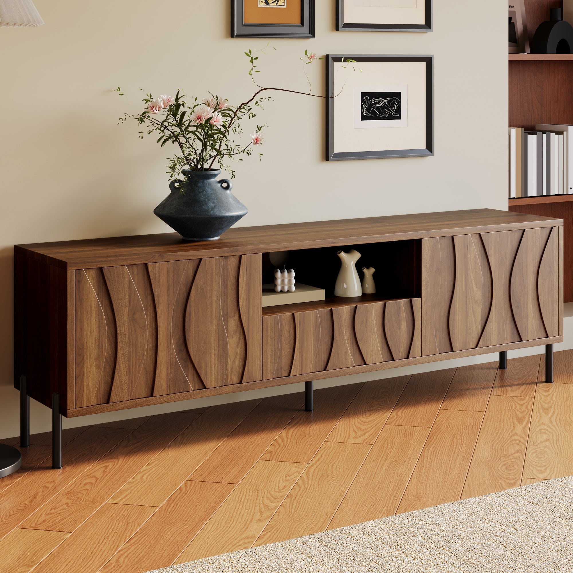 TV Cabinet with Three Doors, Low Cabinet 160x35x46cm, MDF Natural