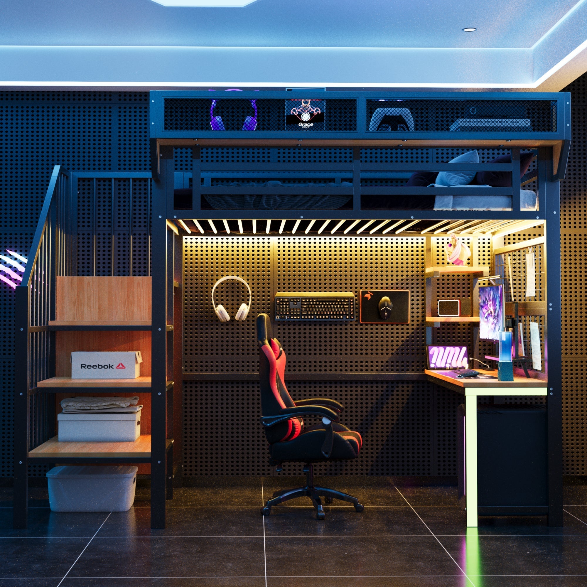 Metal Loft Bed with Desk, Shelf, LED Lighting and Socket, 90x200cm, Black Metal