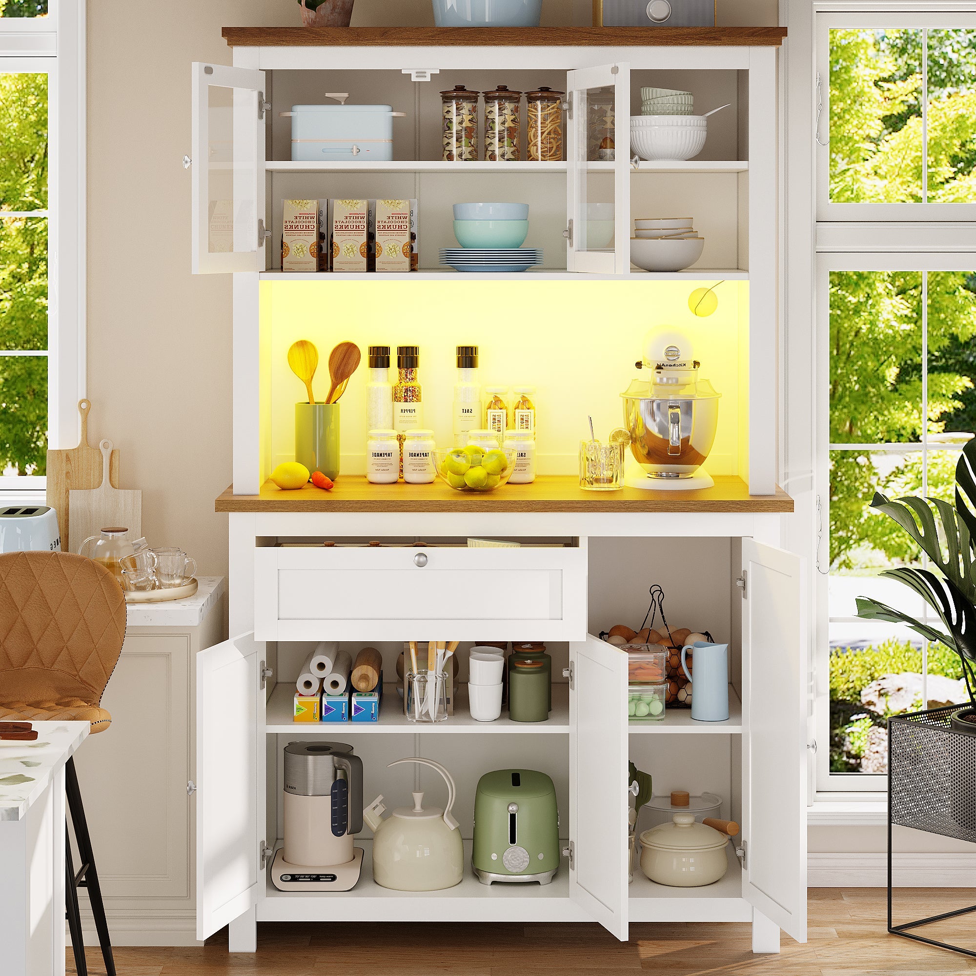 Tall Kitchen Cabinet 104x40x180cm Adjustable Shelves LED Lighting - White