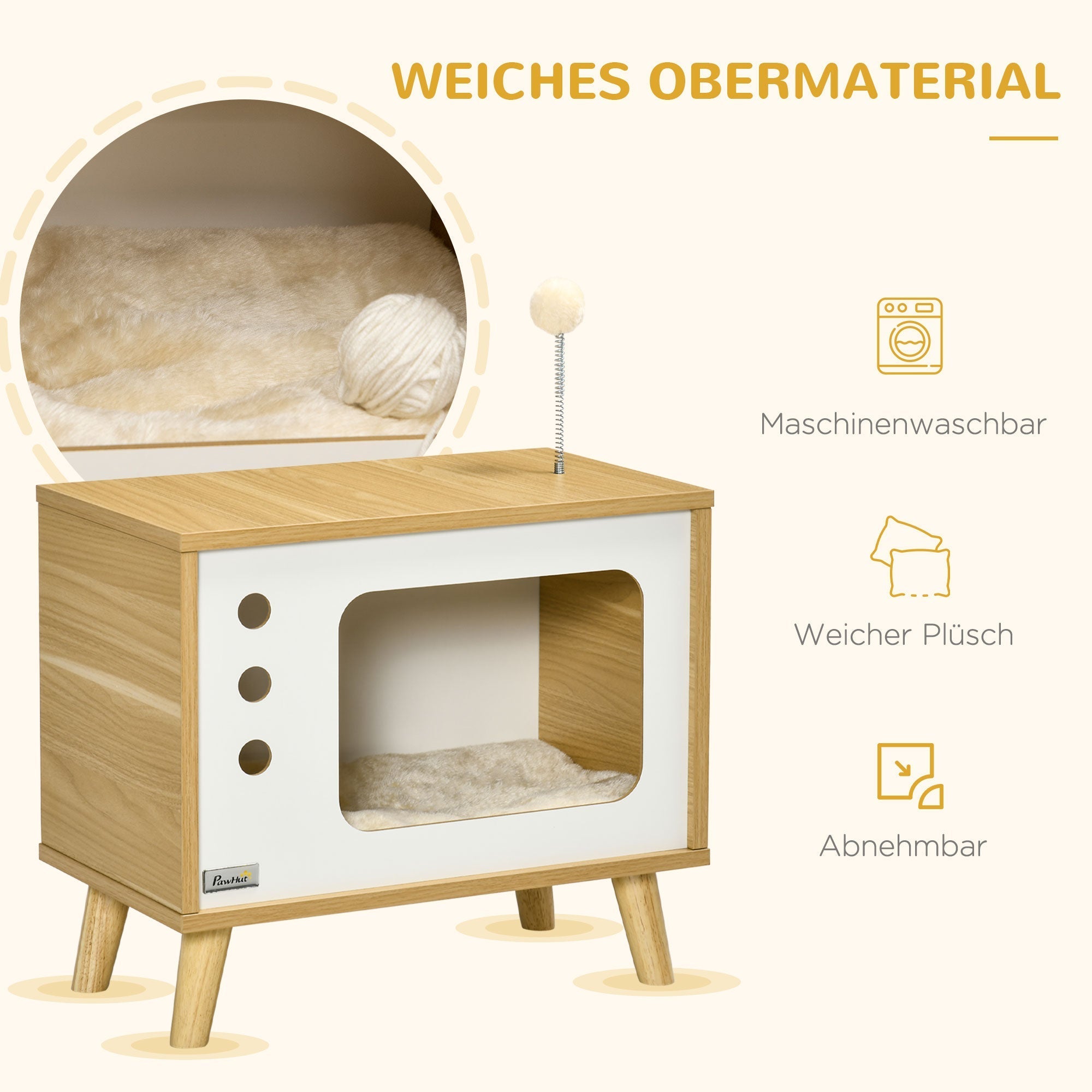 Cat House TV-Design, with Play Ball & Cushion, Oak/Beige/White