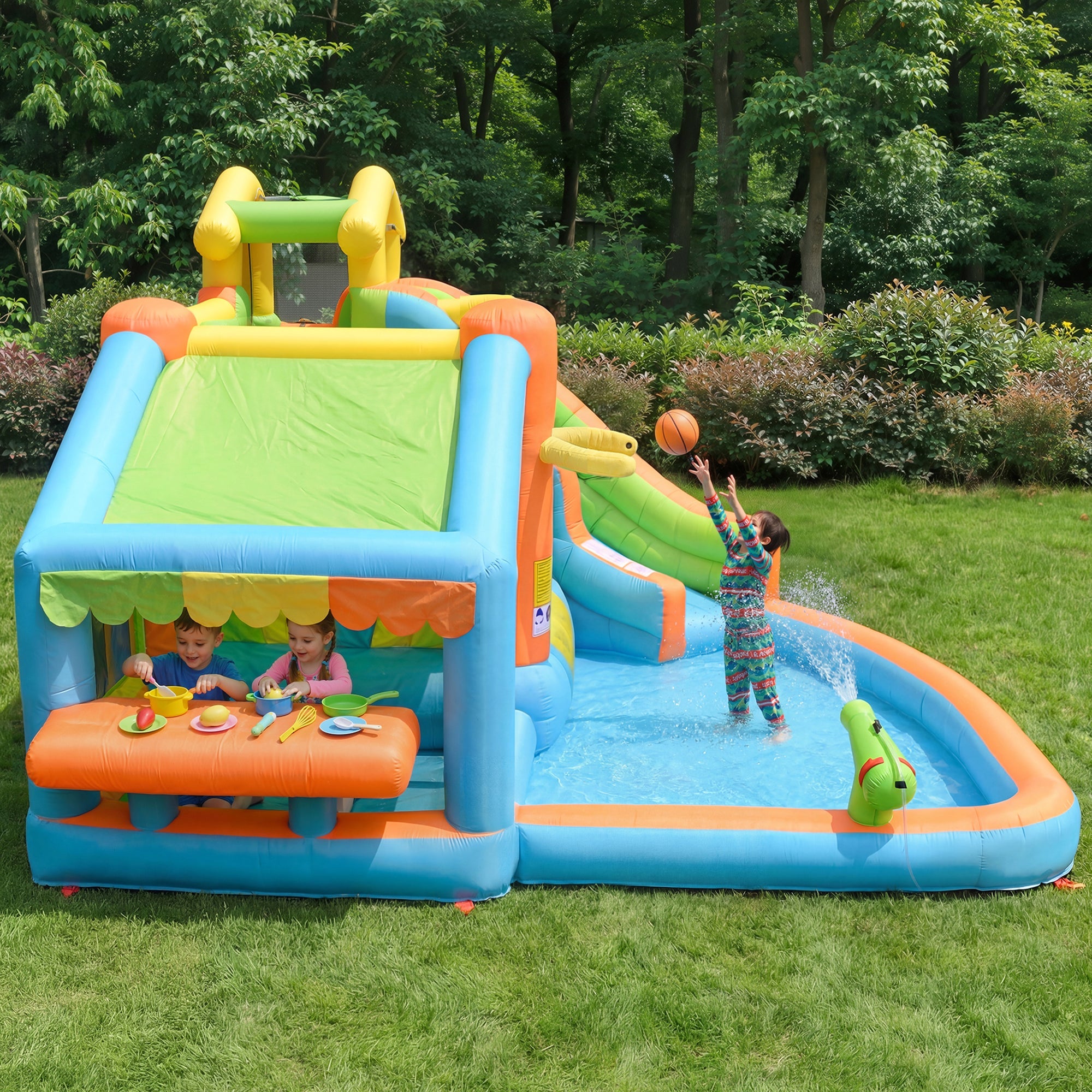 Children's Bouncy Castle and Inflatable Water Park with Blower, Slide and Basketball Hoop, 360x350x210cm, Oxford Fabric