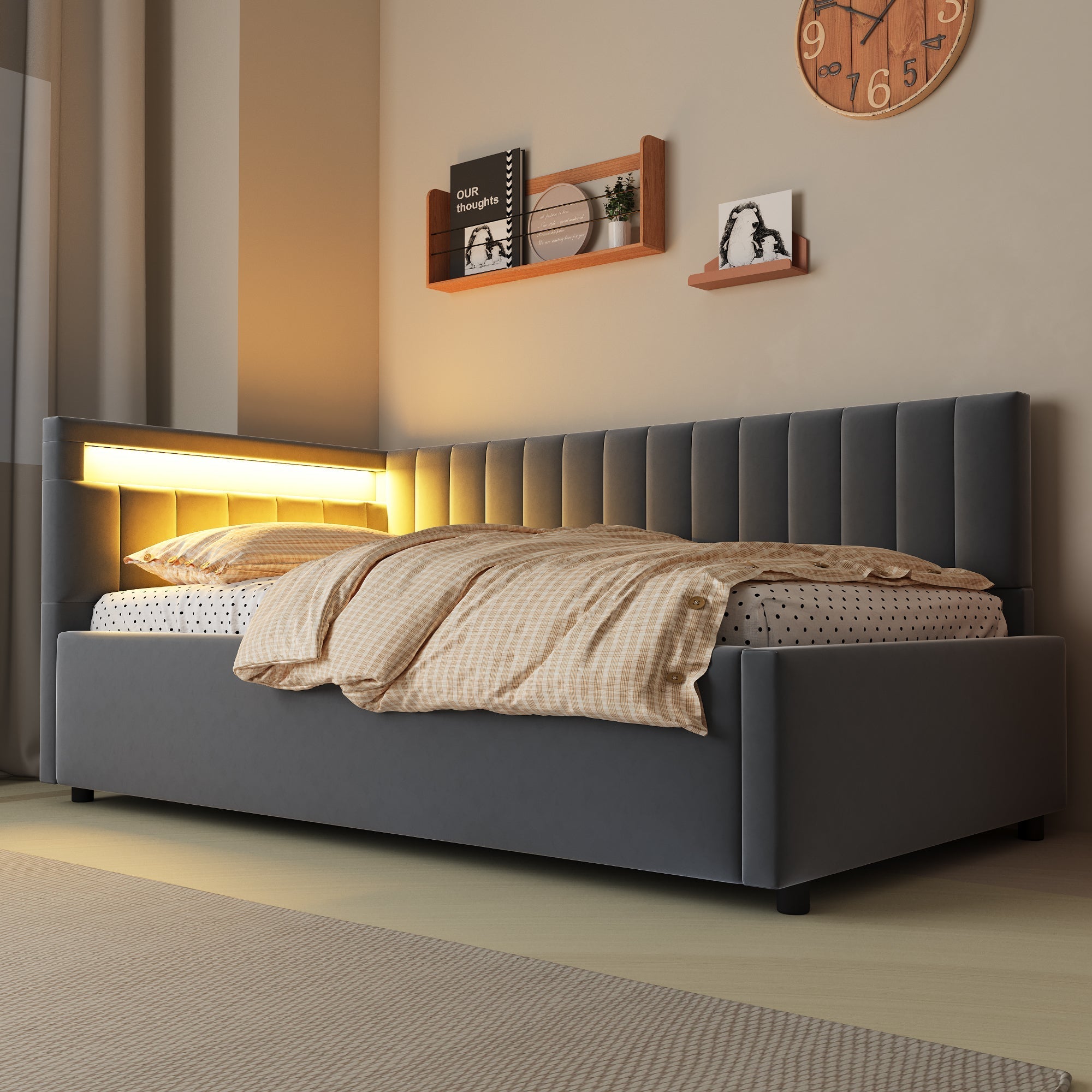 Upholstered Sofa Bed 90x200, with LED & Hydraulic Storage, Velvet Grey