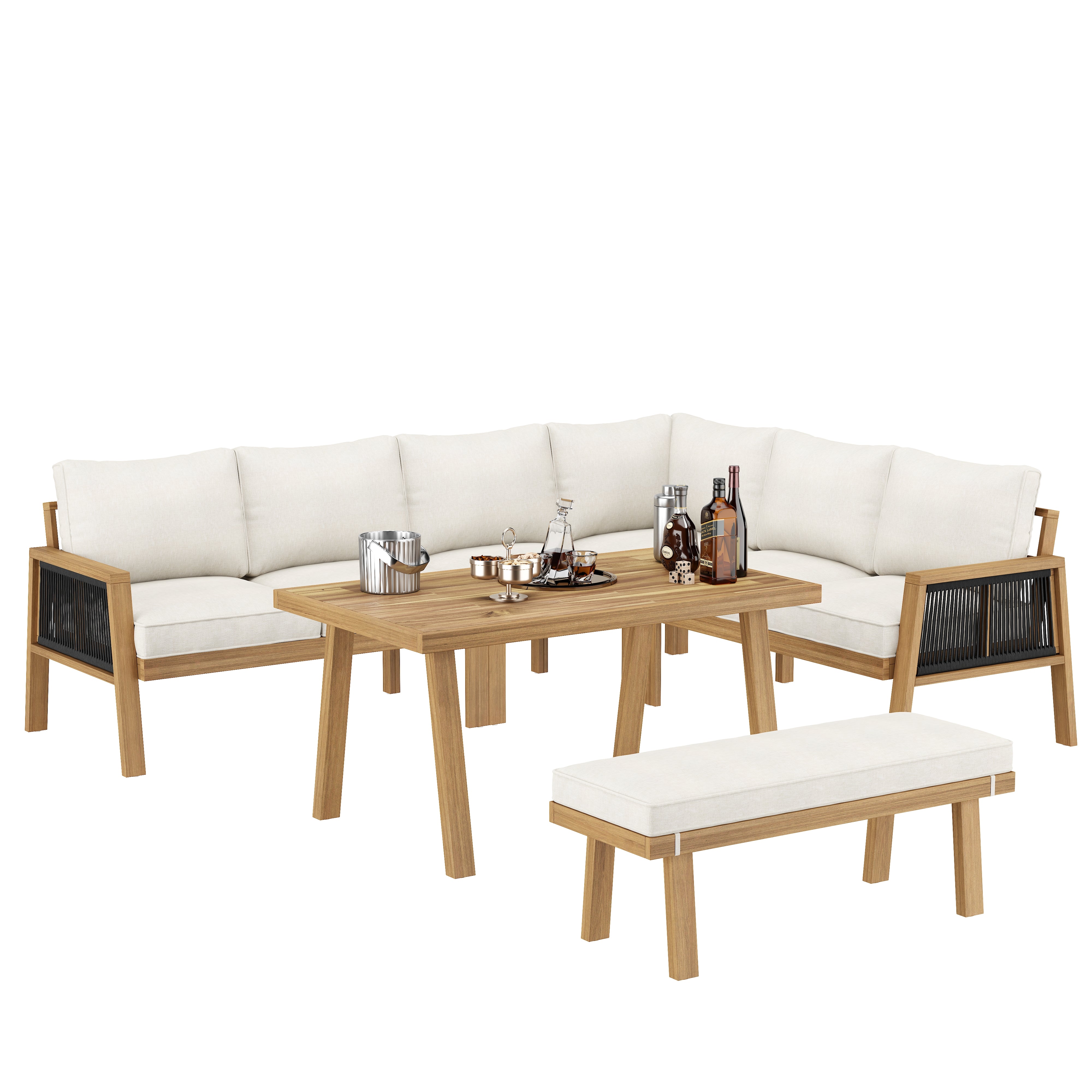 Garden Furniture Set with Corner Sofa and Coffee Table, Acacia Wood and Woven Rope, Natural and Cream
