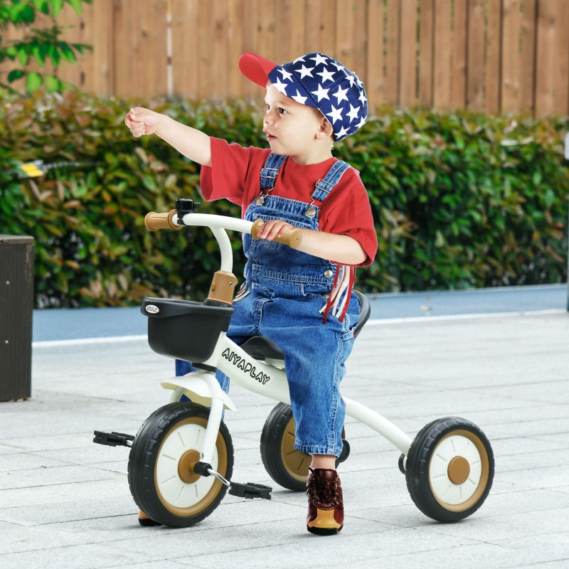 aiyaplay tricycle for children 2-5 years, height-adjustable seat, bell, bicycle basket, metal frame, white