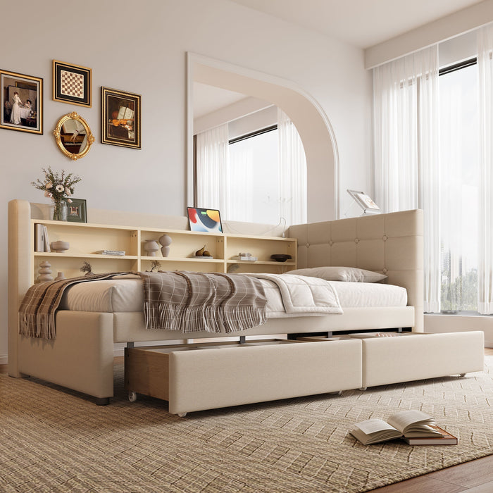 Daybed Sofa Bed 90x200cm 2 Drawers USB-Type C Storage - Linen Beige