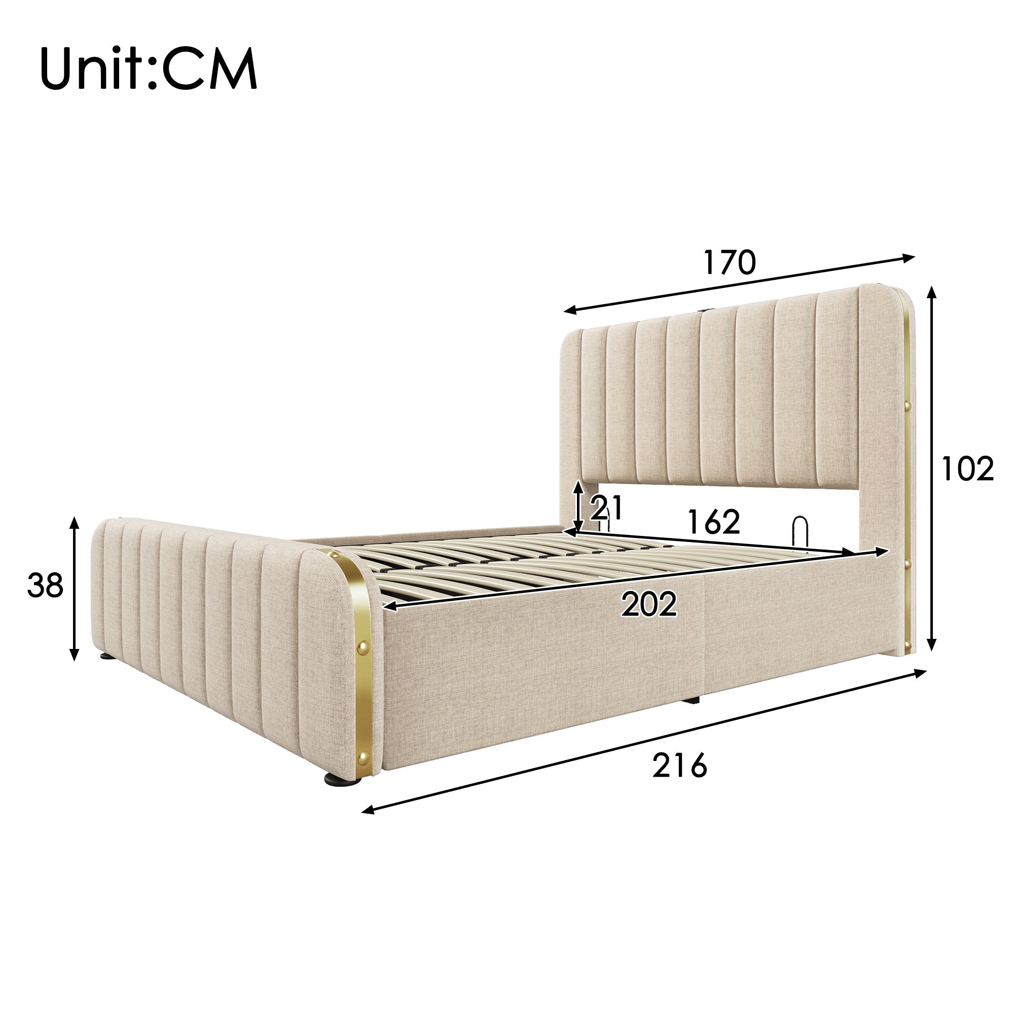 Upholstered Hydraulic Storage Bed with USB Type-C and Gold Decor, 160x200cm, Beige Linen