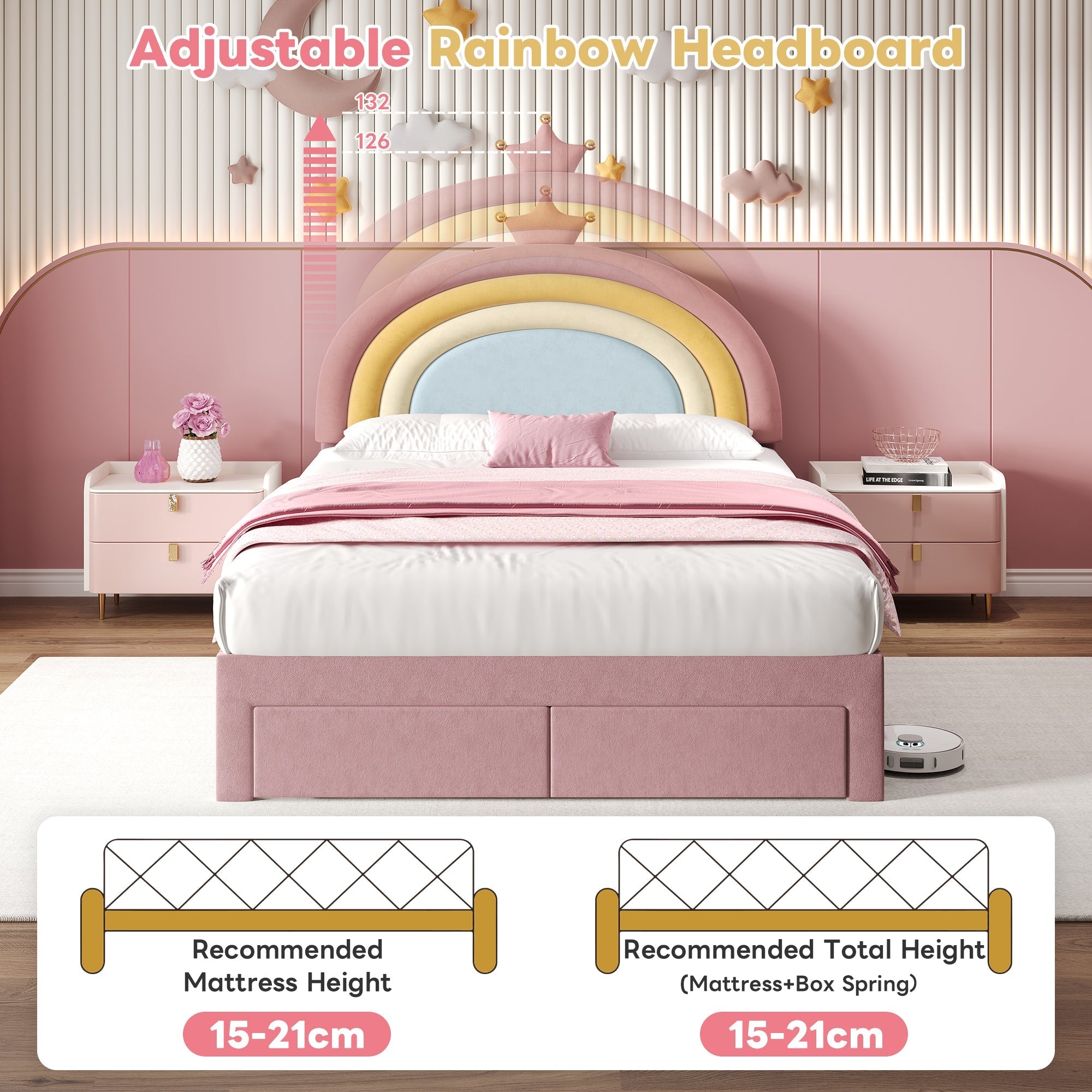 Bed - 4ft6 Double Upholstered with Adjustable Rainbow Crown Headboard & Storage Drawer, Soft Velvet, Pink