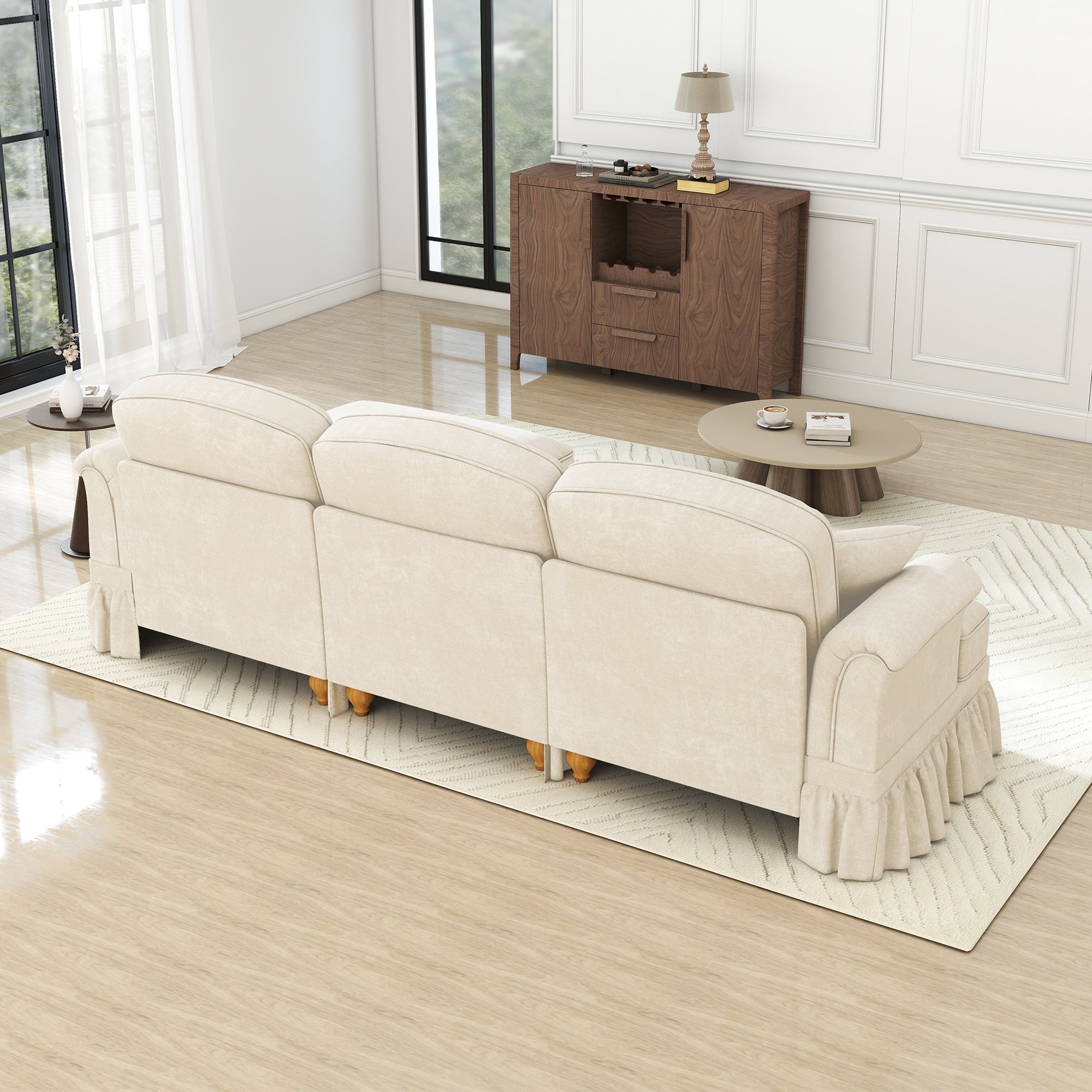 Modular L-Shaped Sofa 3-Seater Mid-Century Ottoman - White Chenille