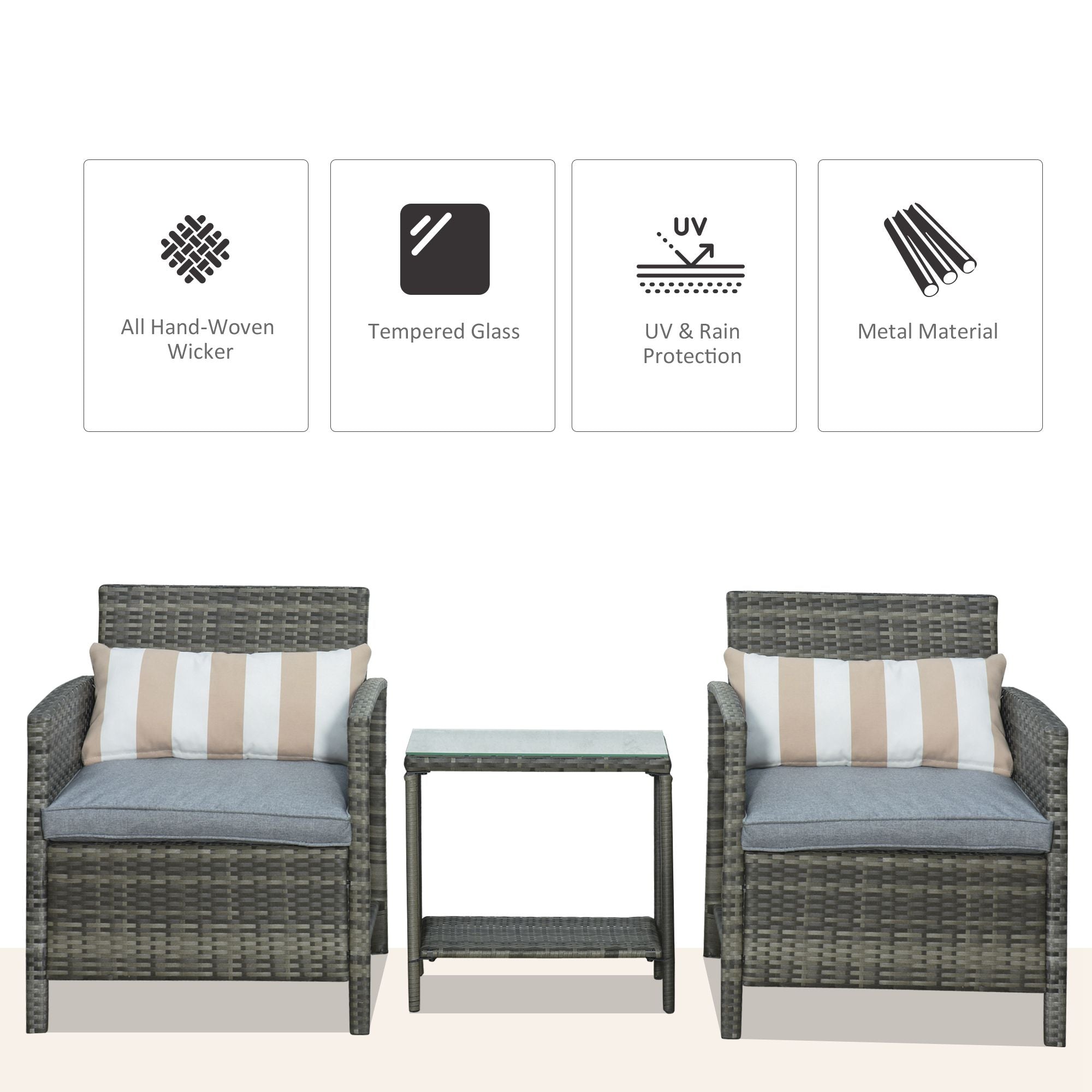 3 Pieces Rattan Bistro Set, Wicker Garden Furniture with 2-Tier Glass Top Table, Grey