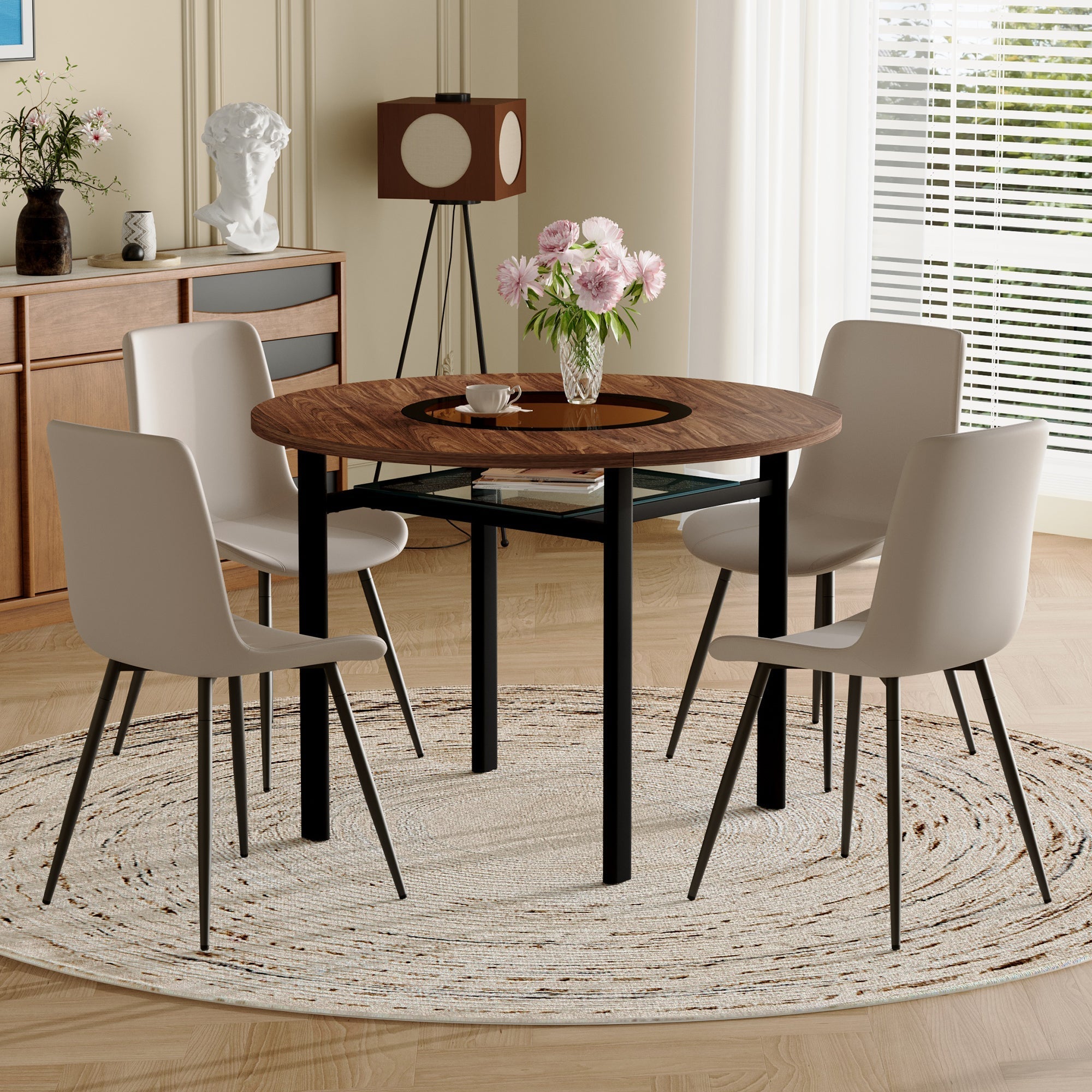 Round Table Set, Modern Minimalist 100cm with Storage and 4 Chairs, Brown Wood Look/Warm Grey PU