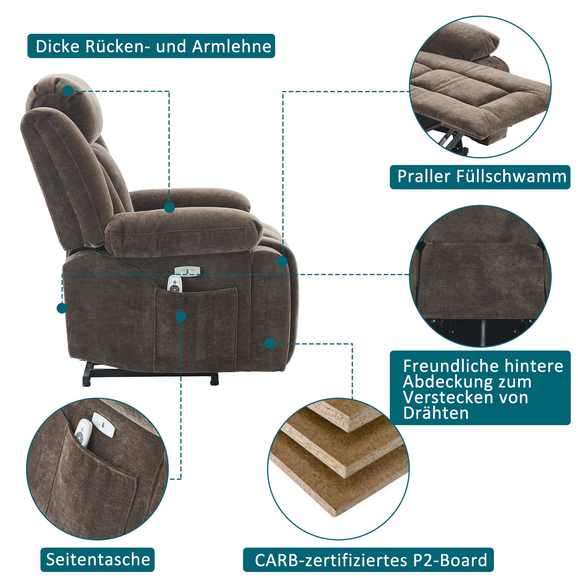 Electric Massage Chair Recliner with 8-Point Massage, Heating and Lifting Function, Brown Fabric