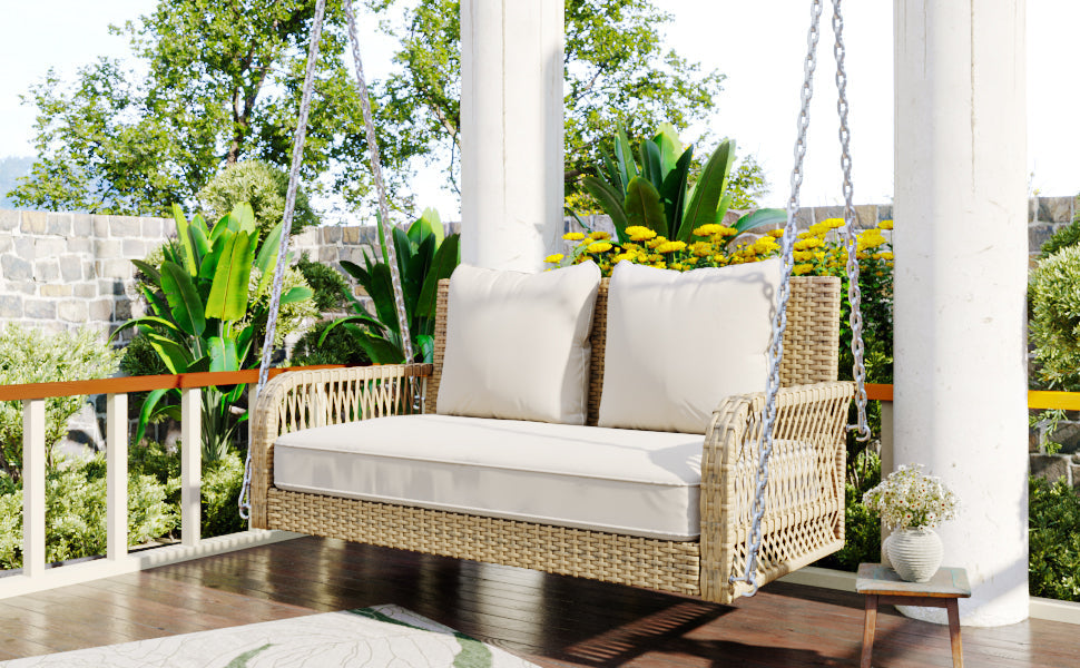 Hollywood Swing Garden Set 2-Seater Outdoor Rattan with Removable Cushions, Beige