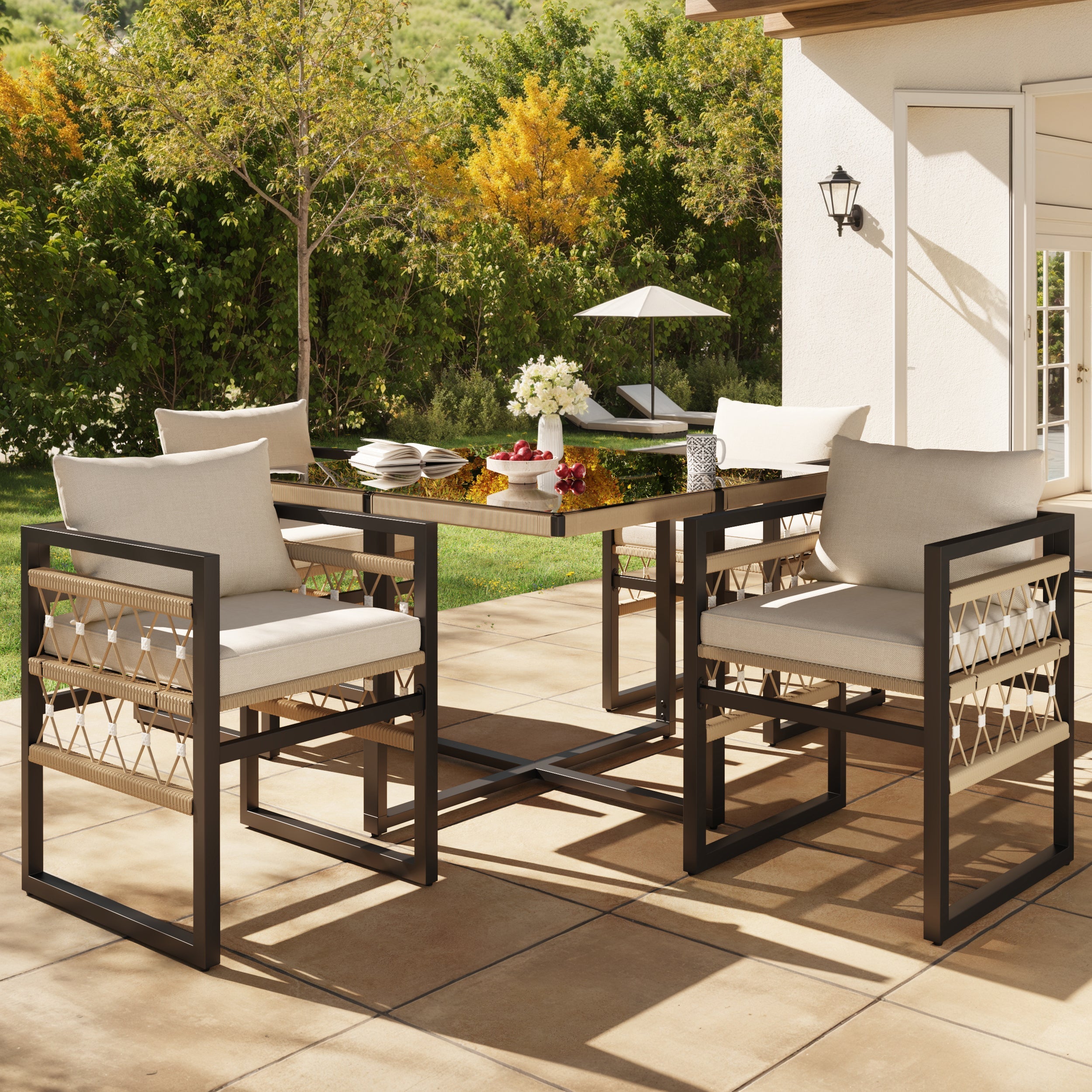 Handwoven Garden Sofa Set with Glass Table and 4 Armchairs, Beige Iron