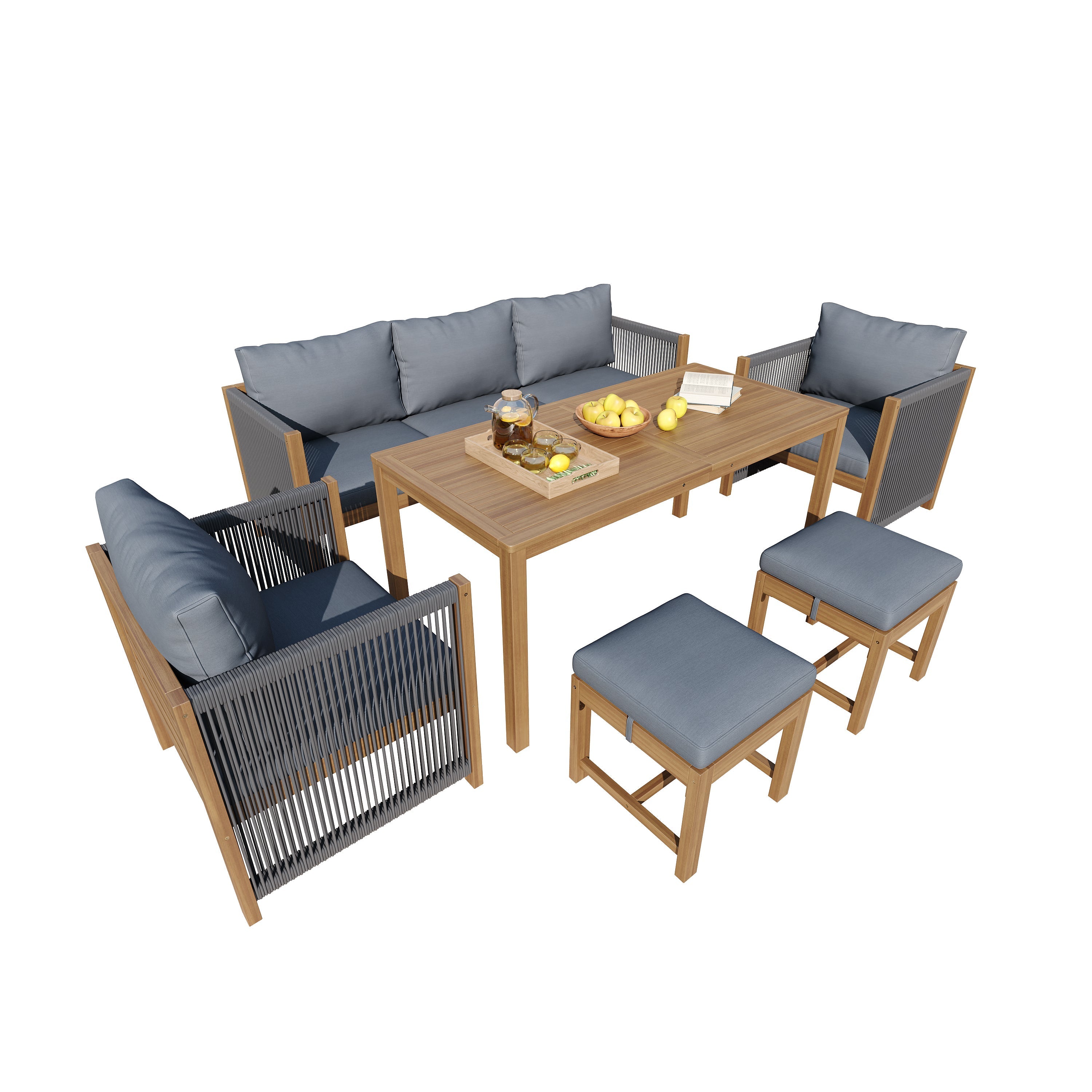 6-Piece Garden Furniture Set with Sofa, Stools and Acacia Tabletop, Grey