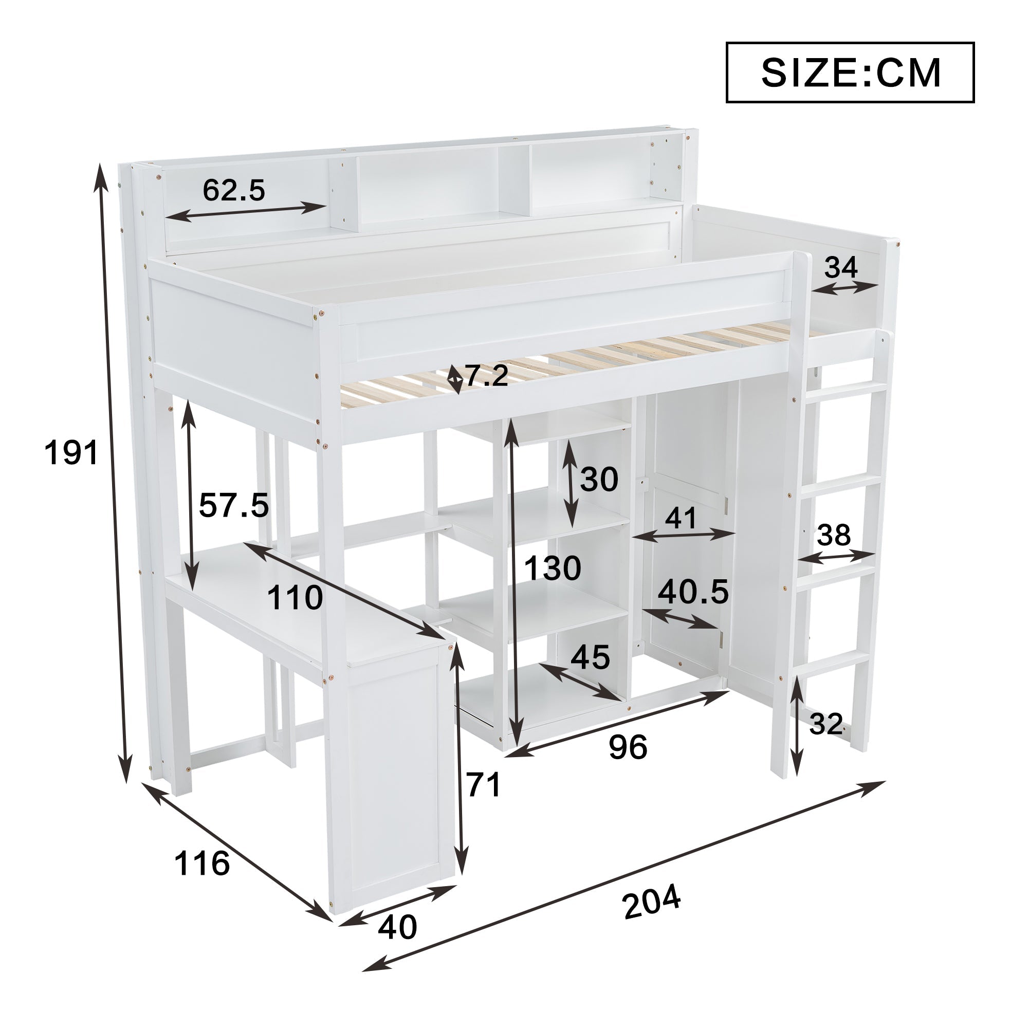 Bunk Bed with Table & Wardrobe, Safety Gate & Shelves, Pine+MDF+Plywood, White, 90x200cm
