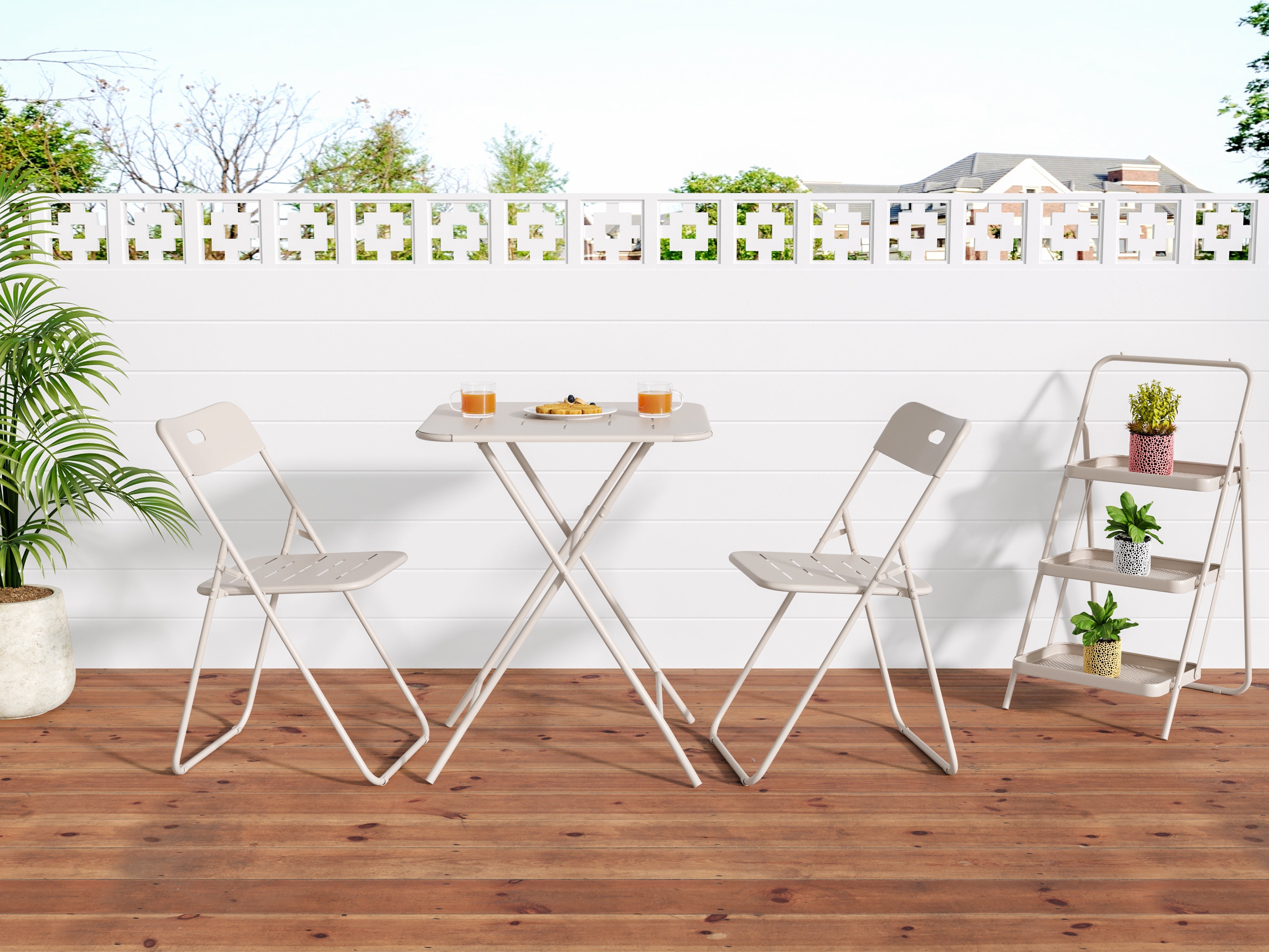 Outdoor 3-Piece Foldable Bistro Set, Weather-Resistant Patio Conversation Set with 2 Chairs and 1 Table, Beige Metal