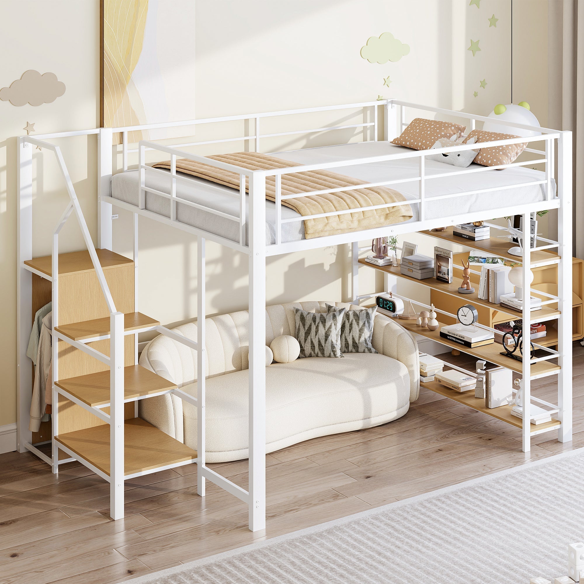 Loft Bed 140x200 with Safety Stairs Storage Wardrobe - White